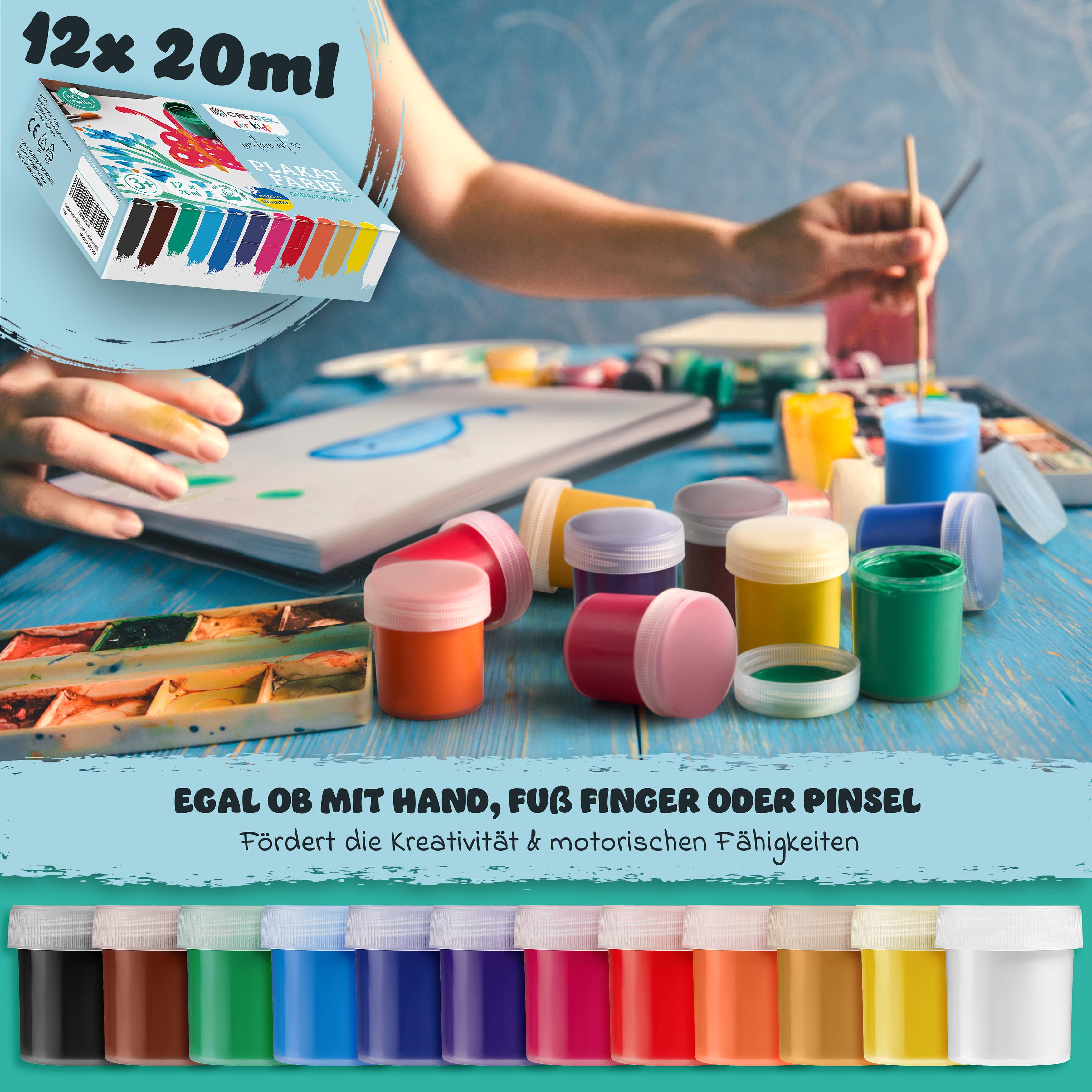 CreaTek for Kids Bundle | 23 Teile | Leuchtend & auswaschbare Farben + Qualitätspinsel Made in Germany