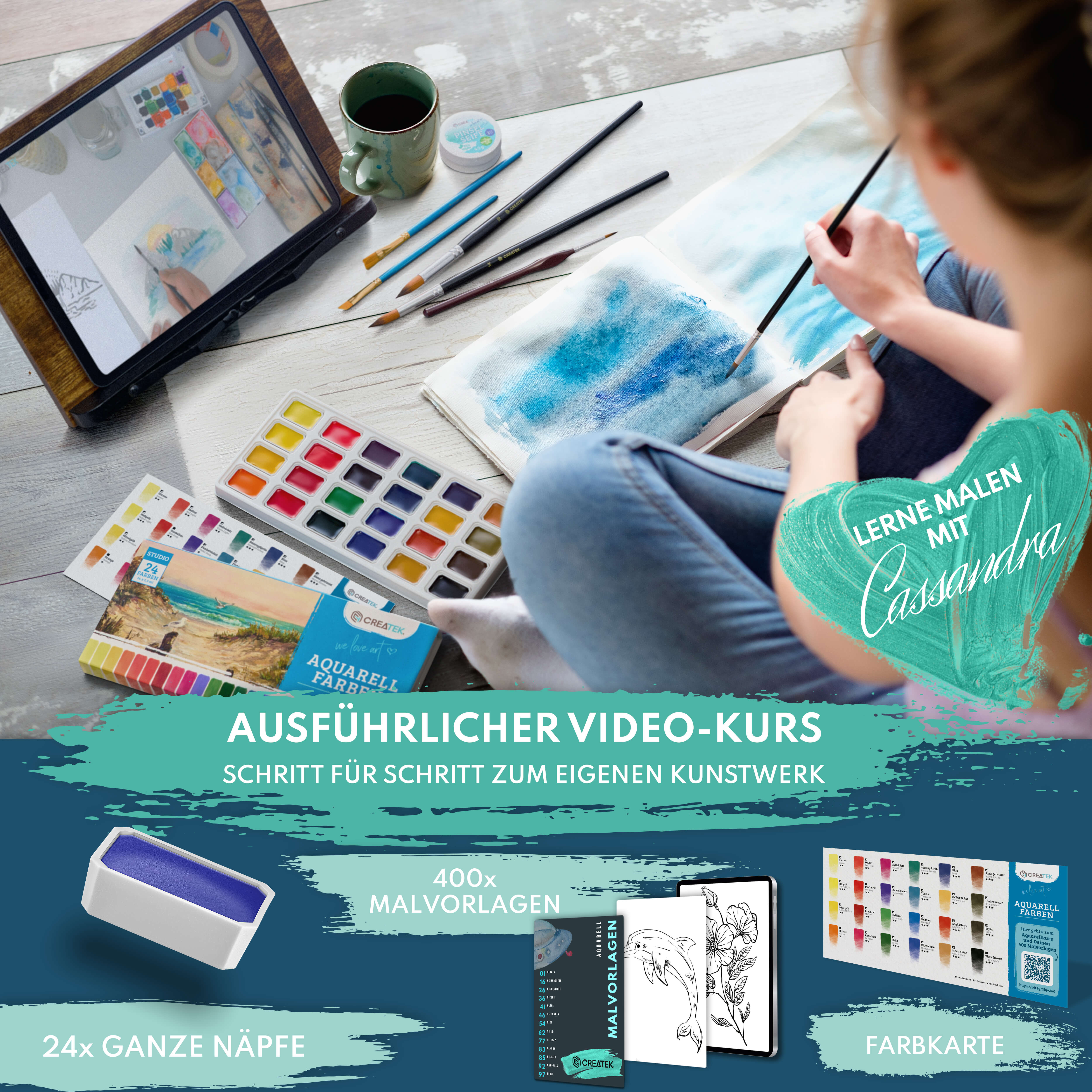 Premium Aquarell-Set: A4 Block rundum verleimt (20 Blatt) & 24 Hochpigmentierte Aquarellfarben in Näpfen – Malen ohne Wellen