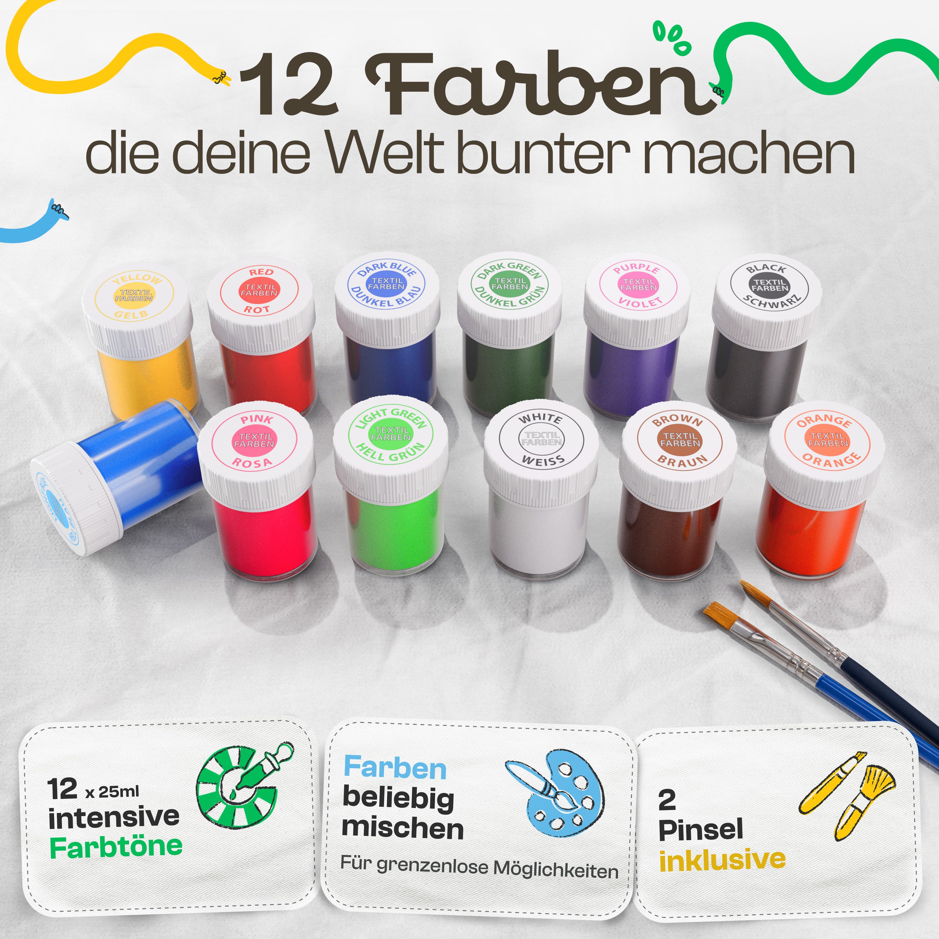 CreaTek Textilfarbe waschmaschinenfest 12 intensive Farben je 25ml + 2 Pinsel - echte Stoffmalfarben waschfest bis 40 °C - Stofffarben ideal für helle T-Shirts, Schuhe, Taschen - Fabric Paint Set