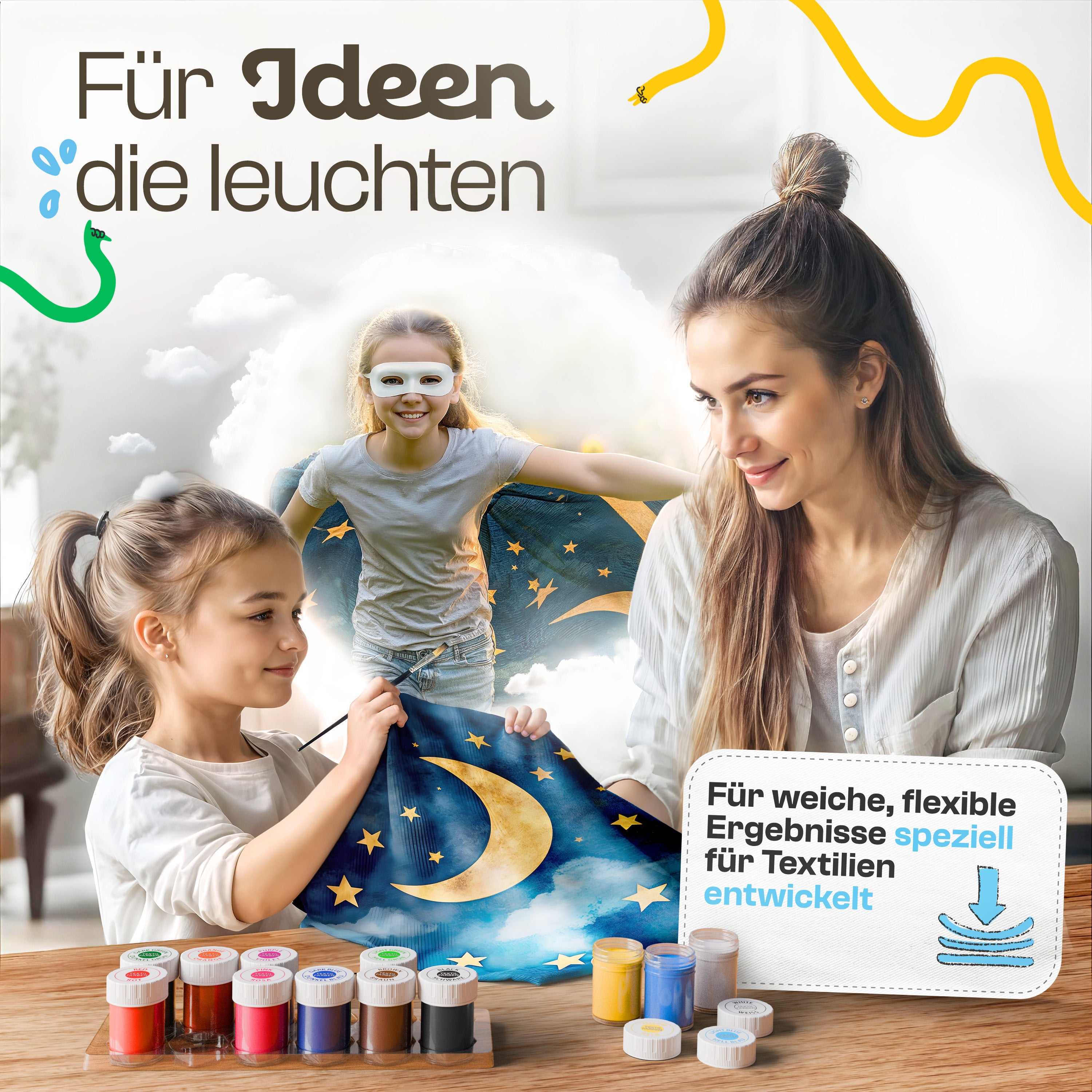 CreaTek Textilfarbe waschmaschinenfest 12 intensive Farben je 25ml + 2 Pinsel - echte Stoffmalfarben waschfest bis 40 °C - Stofffarben ideal für helle T-Shirts, Schuhe, Taschen - Fabric Paint Set