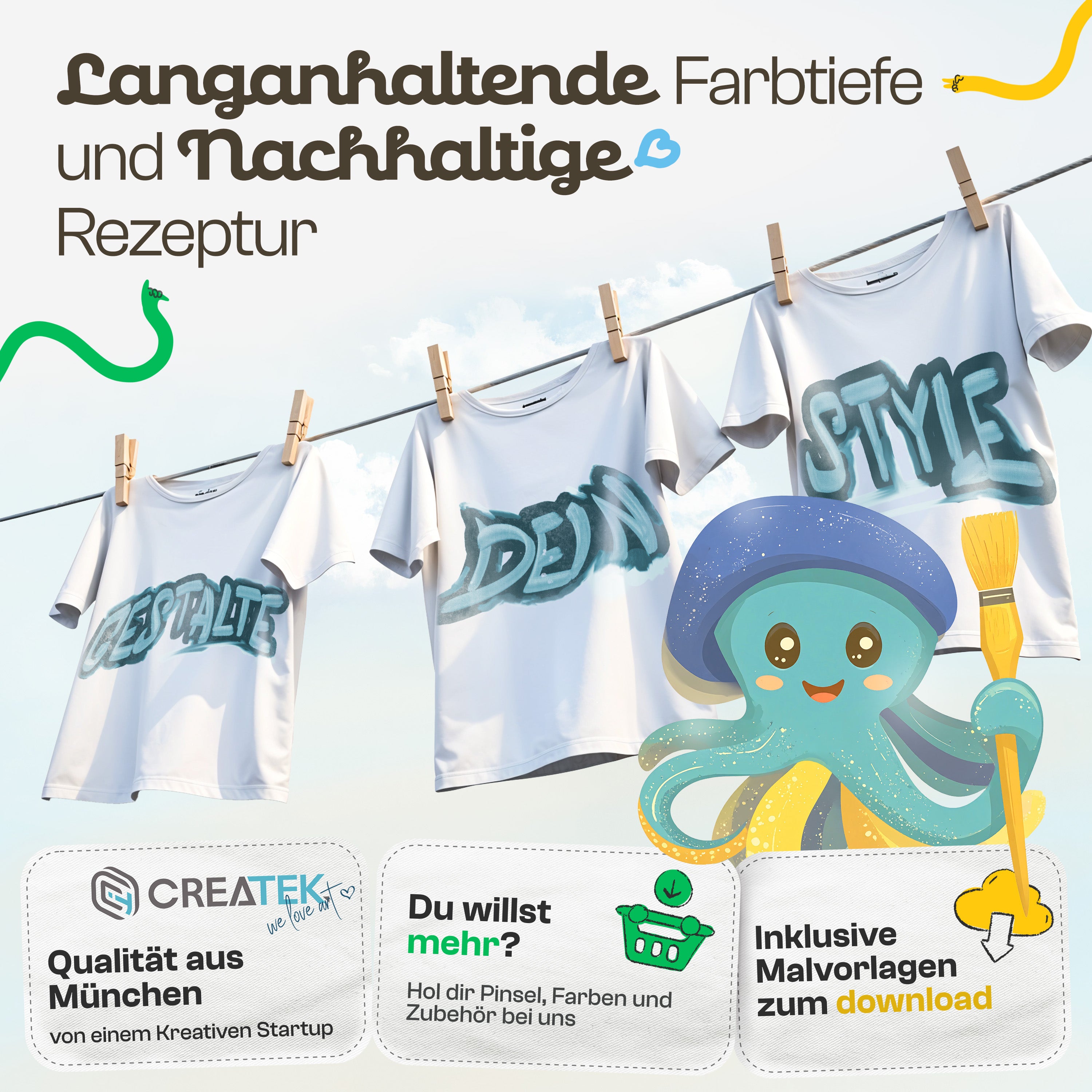 CreaTek Textilfarbe waschmaschinenfest 12 intensive Farben je 25ml + 2 Pinsel - echte Stoffmalfarben waschfest bis 40 °C - Stofffarben ideal für helle T-Shirts, Schuhe, Taschen - Fabric Paint Set