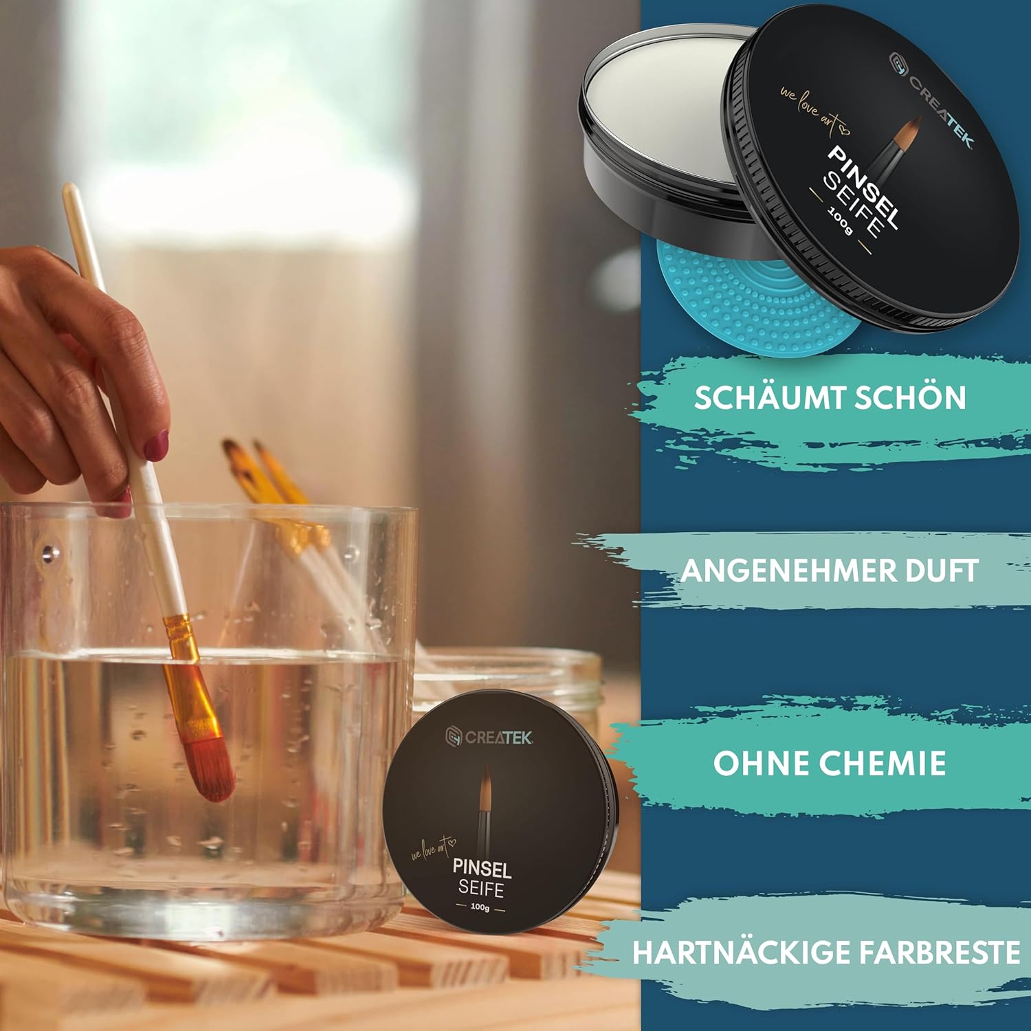 CreaTek Premium Pinselseife 100g + praktische Silikon Reinigungsmatte für tiefenwirksame Reinigung - hochwertiger Pinselreiniger Acrylfarbe, Aquarellfarbe - 100% vegane Pinsel Seife, Brush Soap