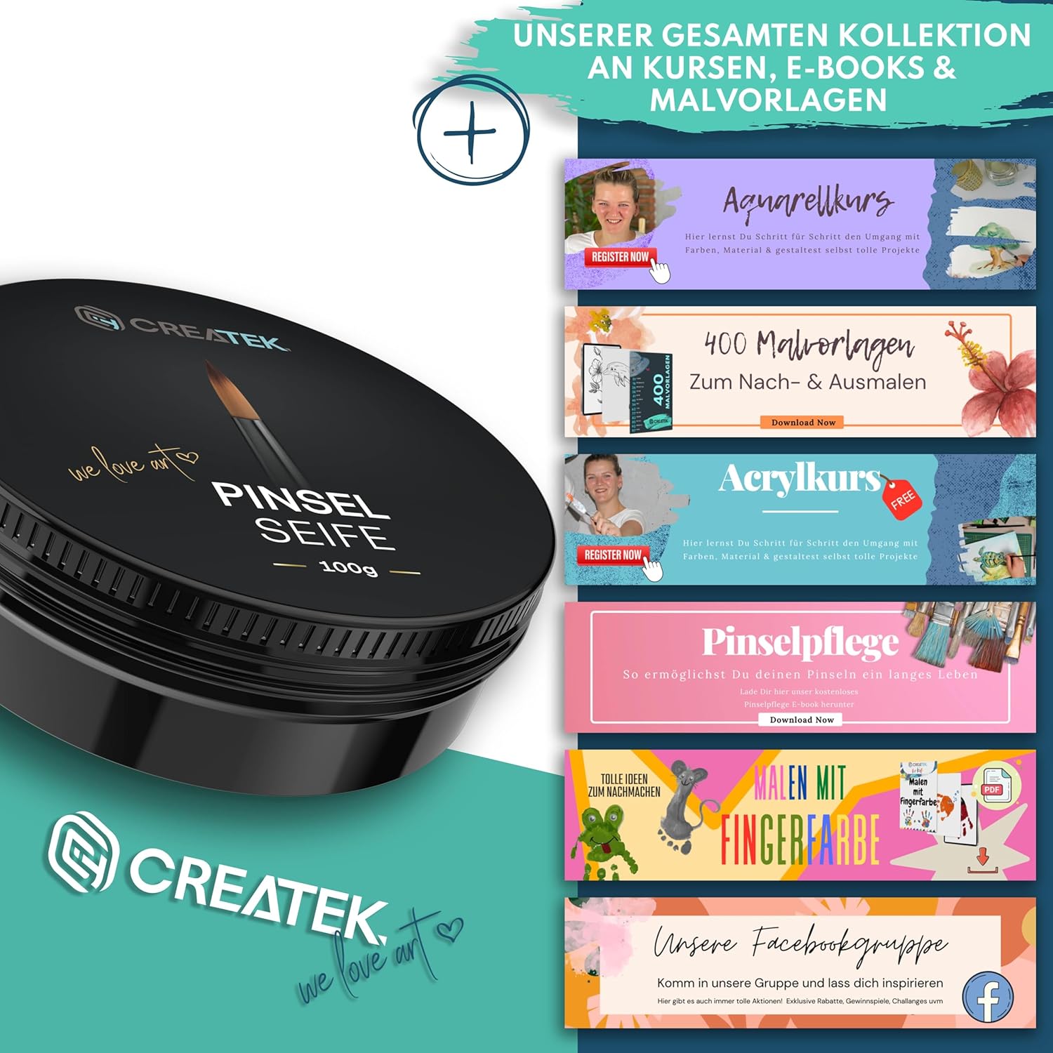 CreaTek Premium Pinselseife 100g + praktische Silikon Reinigungsmatte für tiefenwirksame Reinigung - hochwertiger Pinselreiniger Acrylfarbe, Aquarellfarbe - 100% vegane Pinsel Seife, Brush Soap