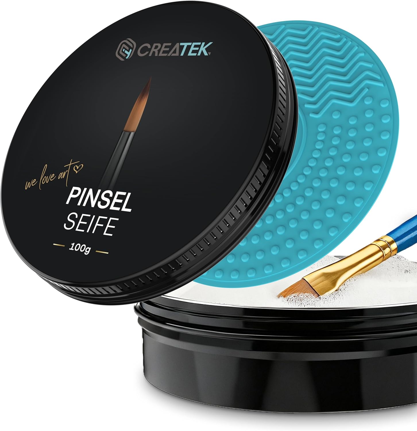 CreaTek Premium Pinselseife 100g + praktische Silikon Reinigungsmatte für tiefenwirksame Reinigung - hochwertiger Pinselreiniger Acrylfarbe, Aquarellfarbe - 100% vegane Pinsel Seife, Brush Soap