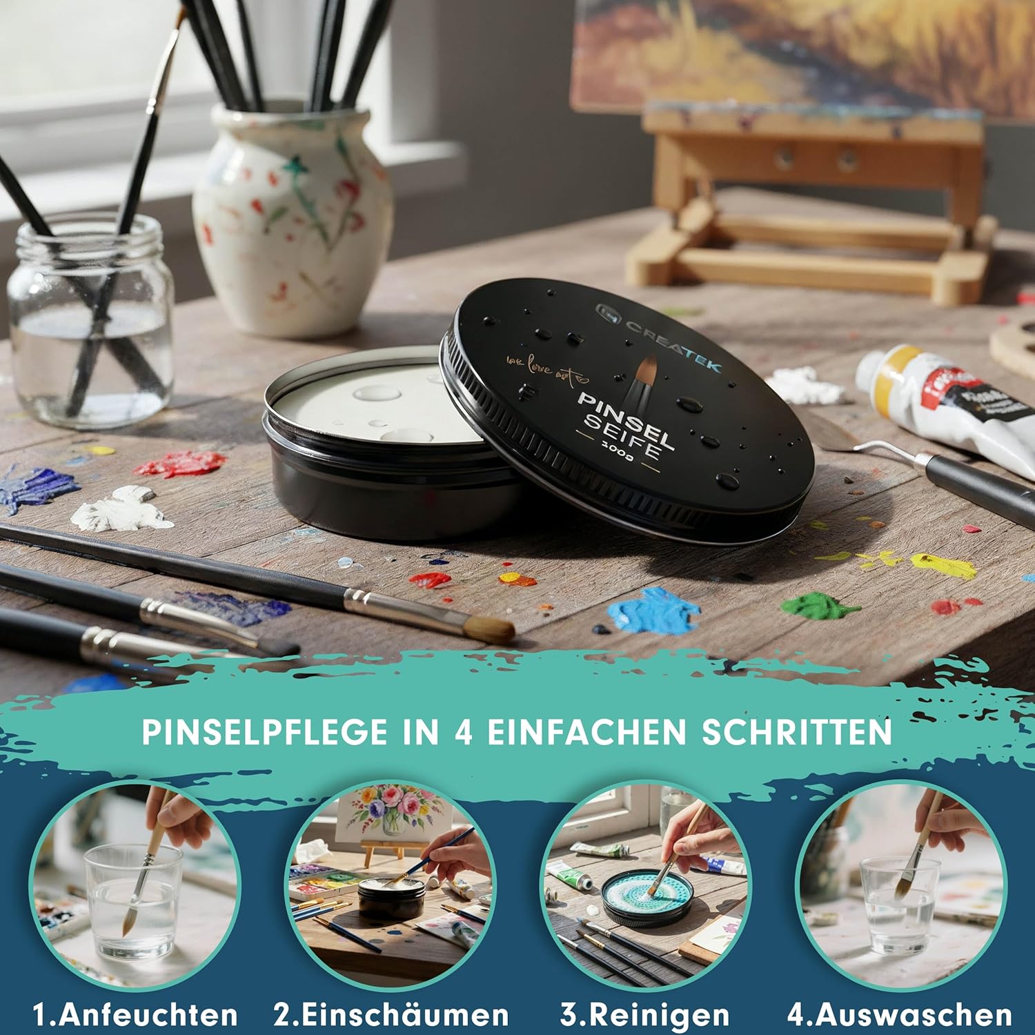 CreaTek Premium Pinselseife 100g + praktische Silikon Reinigungsmatte für tiefenwirksame Reinigung - hochwertiger Pinselreiniger Acrylfarbe, Aquarellfarbe - 100% vegane Pinsel Seife, Brush Soap