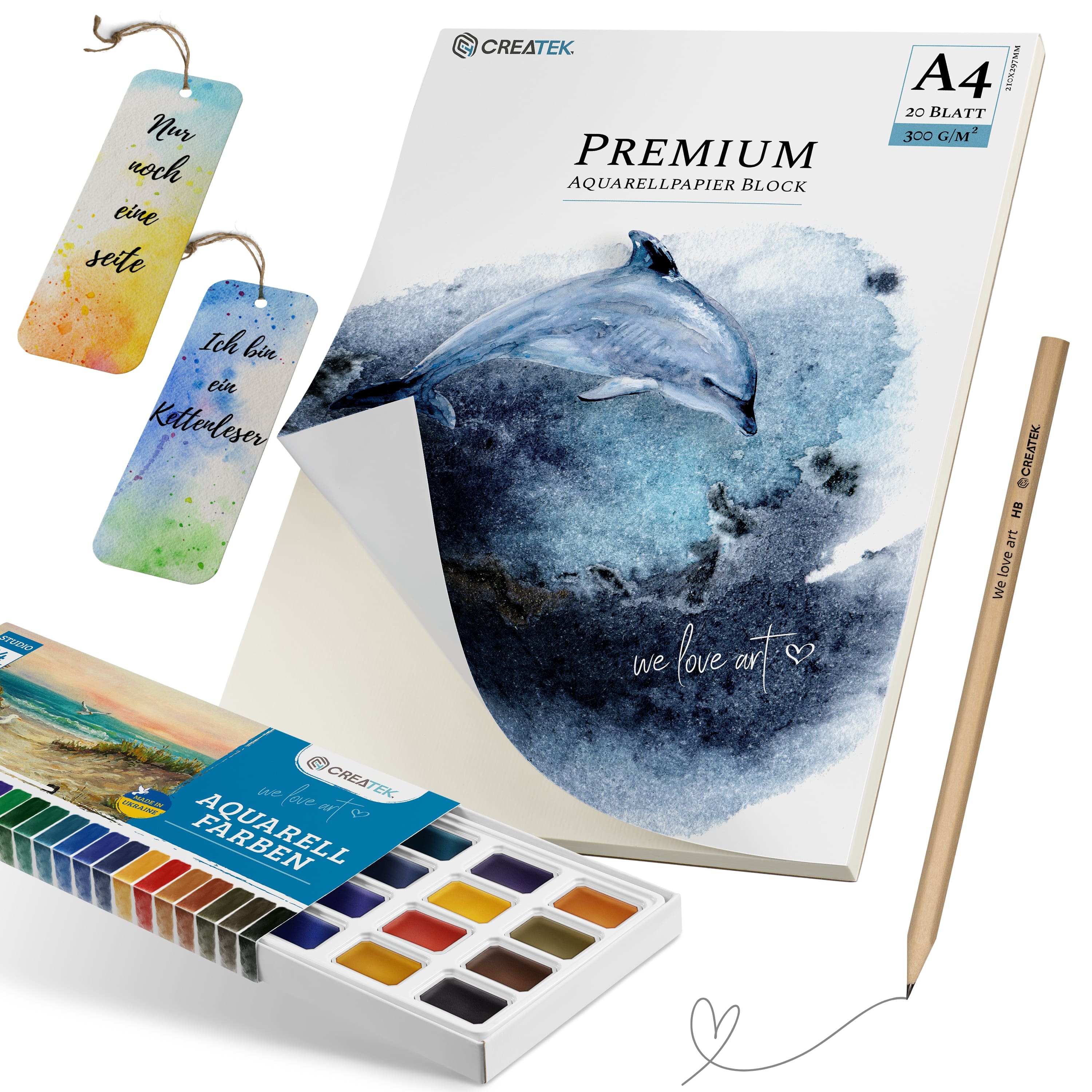 Premium Aquarell-Set: A4 Block rundum verleimt (20 Blatt) & 24 Hochpigmentierte Aquarellfarben in Näpfen – Malen ohne Wellen
