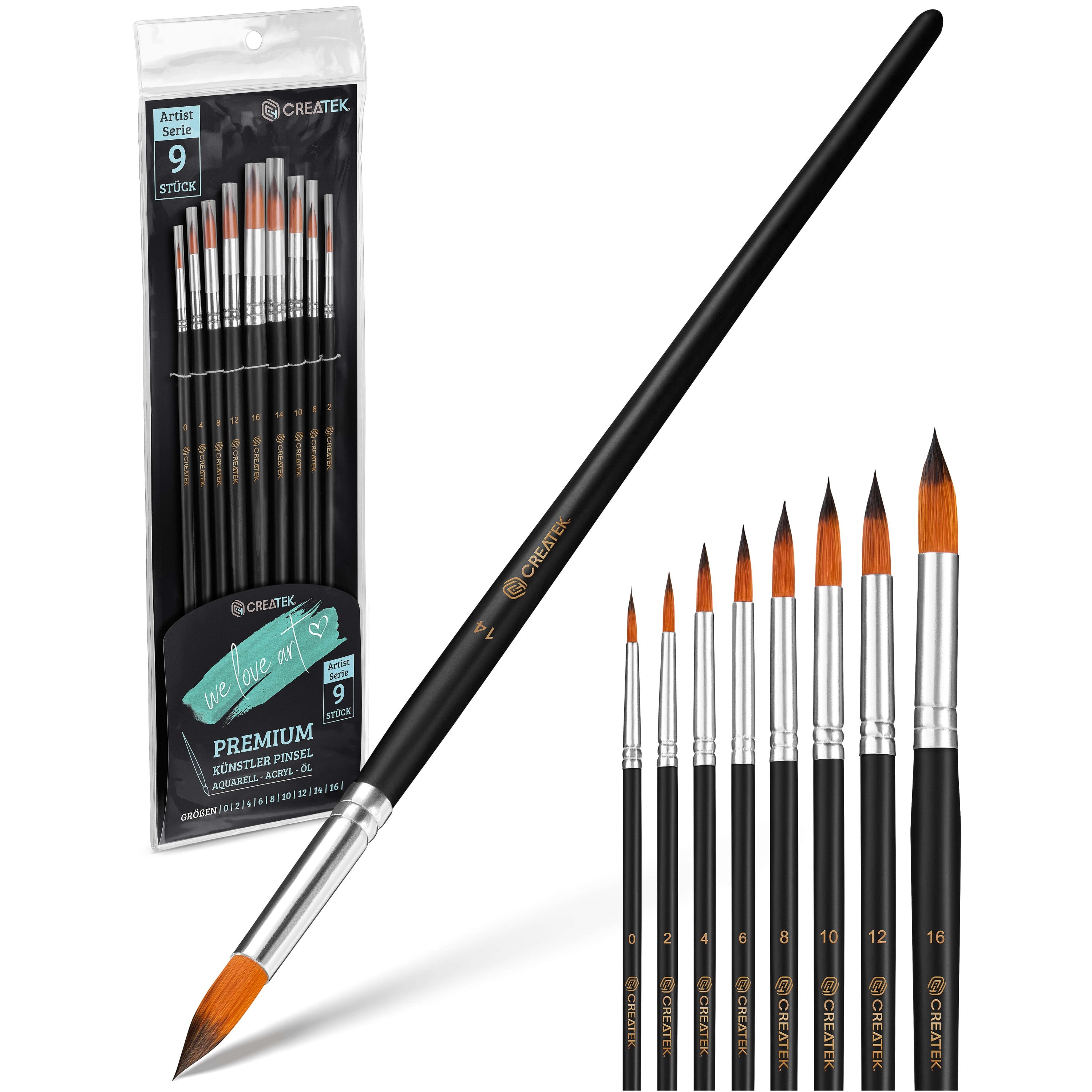Künstlerpinsel Set | 9 Rundpinsel ideal für Gemälde & Leinwand | mit extra langen Stiel