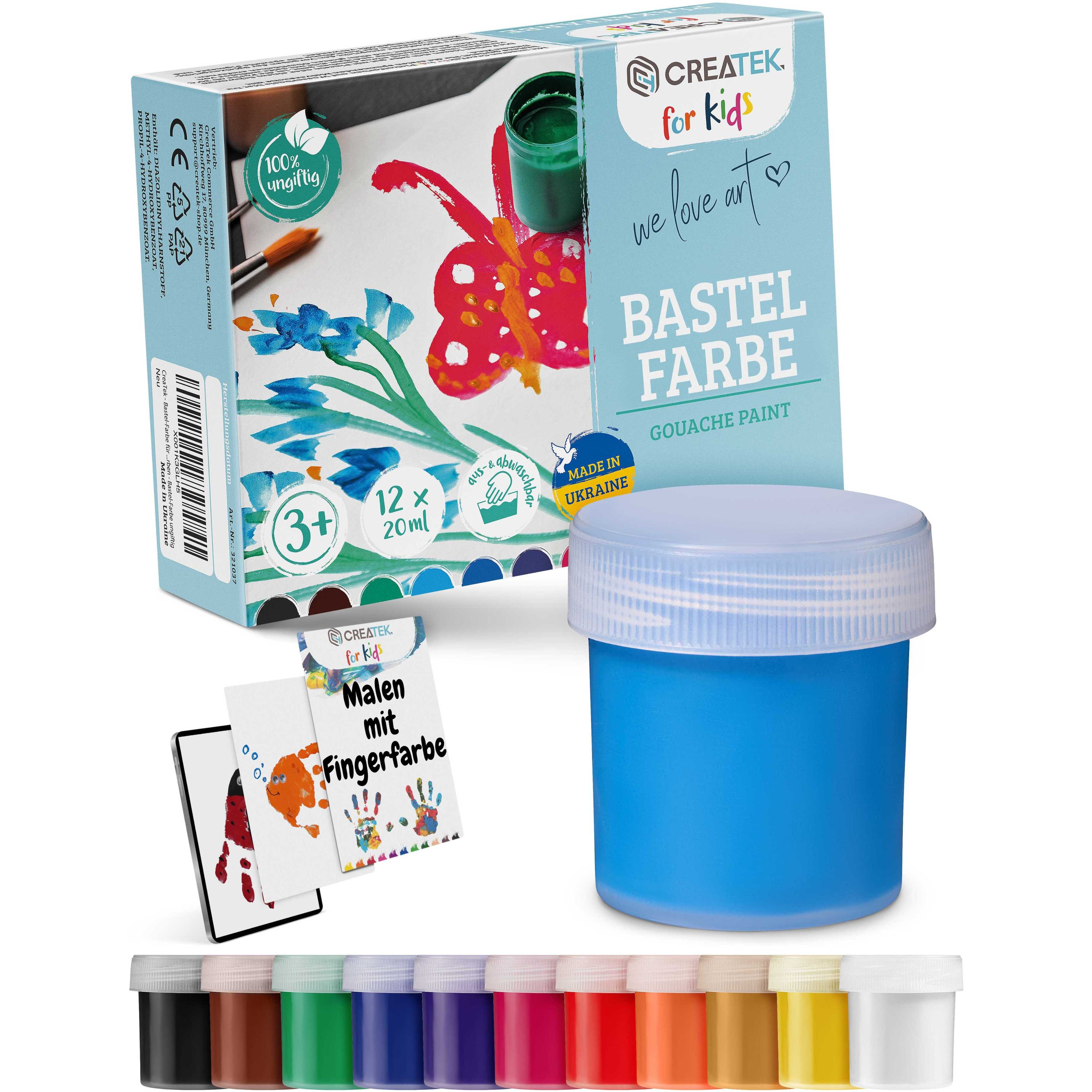 Bastelfarben für Kinder ab 3 Jahren - 12x20ml | ungiftig & abwaschbar inkl. Malvorlagen