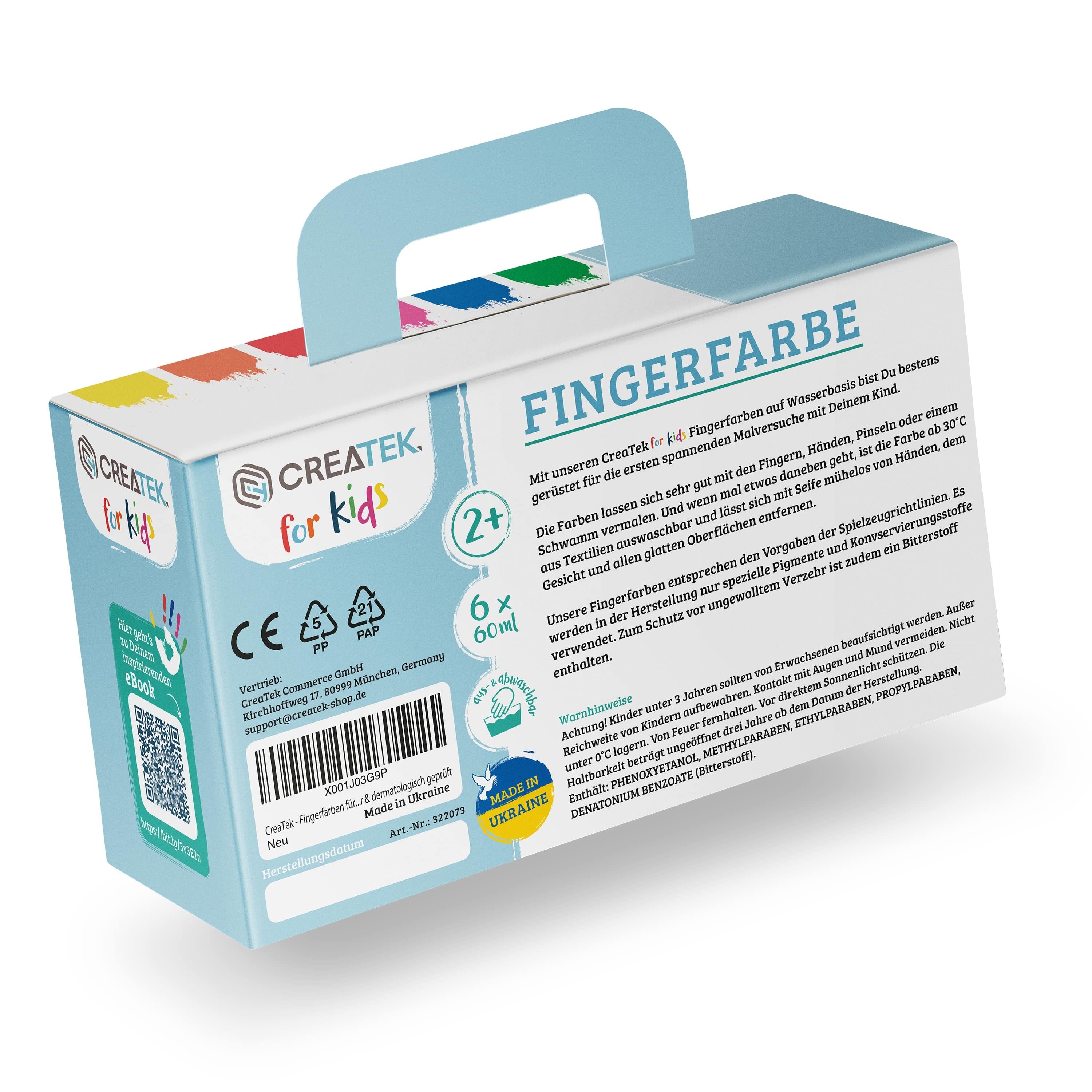 Fingerfarben für Kinder - Grundfarben 6 Töpfe mit 60ml | Ab 2 Jahren - ungiftig, vegan & abwaschbar | inkl. Malvorlagen