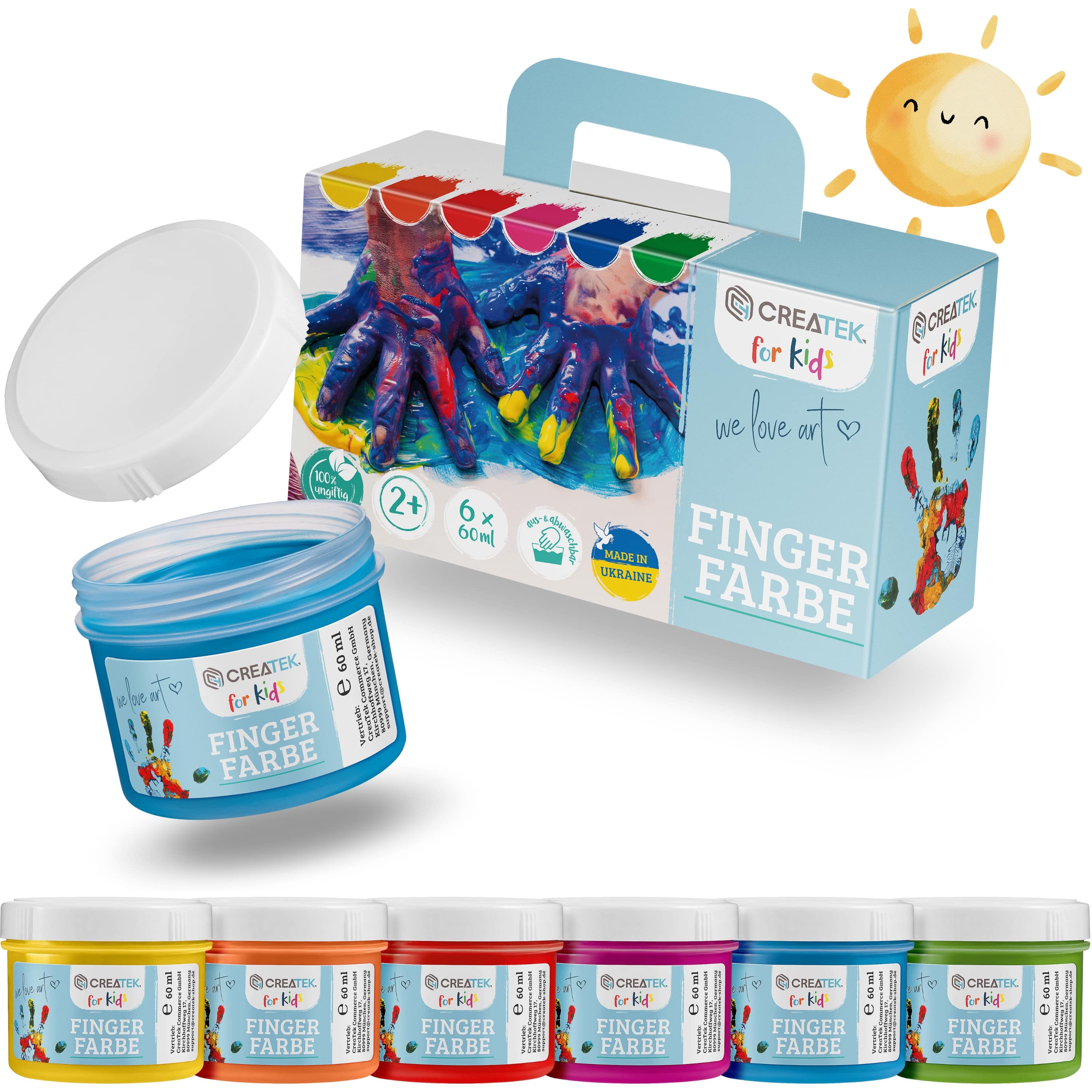 Fingerfarben für Kinder - Grundfarben 6 Töpfe mit 60ml | Ab 2 Jahren - ungiftig, vegan & abwaschbar | inkl. Malvorlagen