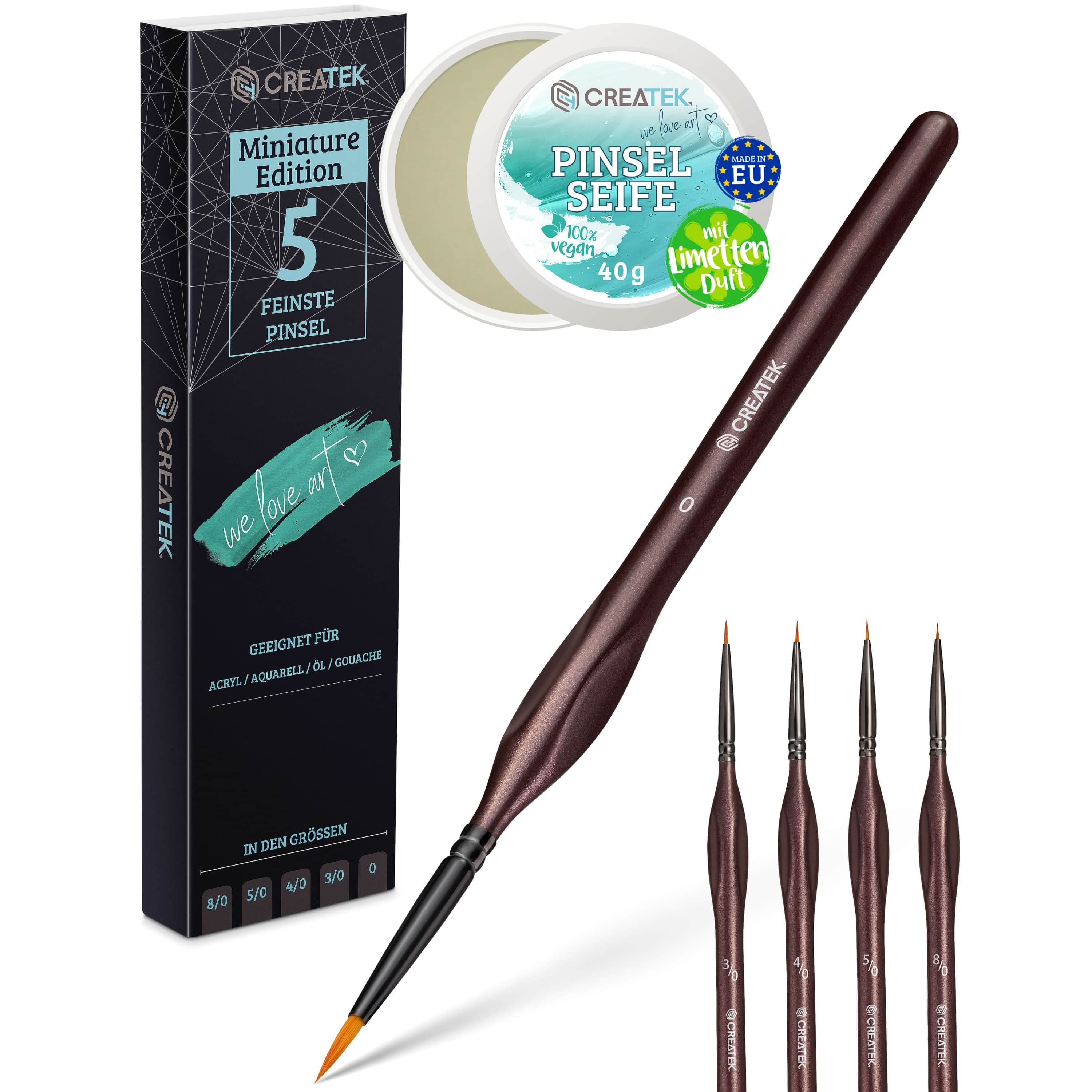 Sparpaket - 5 extra feine Spitzpinsel I in den Größen 8/0 - 0 & Pinselseife mit Limettenduft