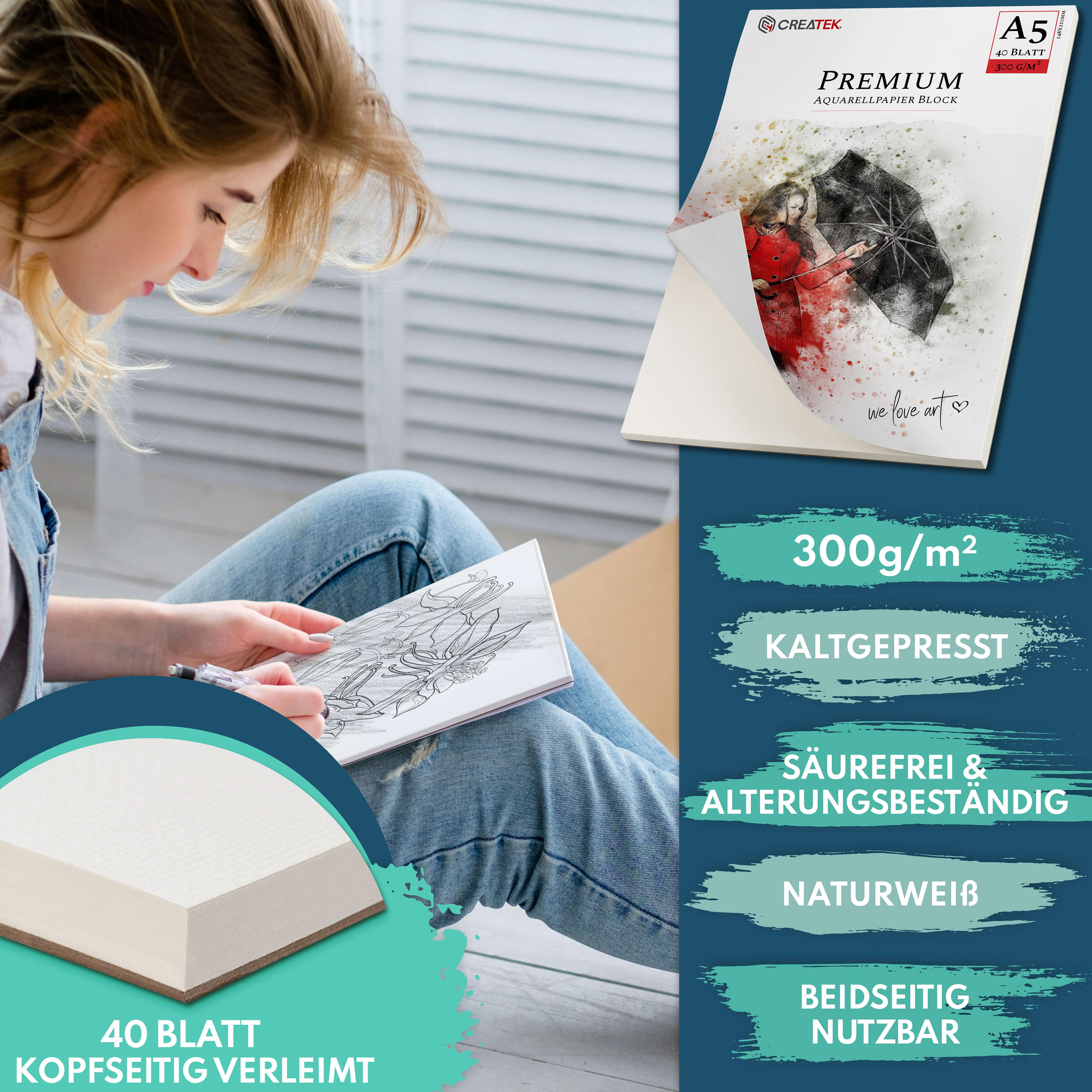 Aquarellpapier A5 | 300g | 40 Blatt | kopfseitig geleimt | kaltgepresst & naturweiß für exzellent Farbwiedergabe