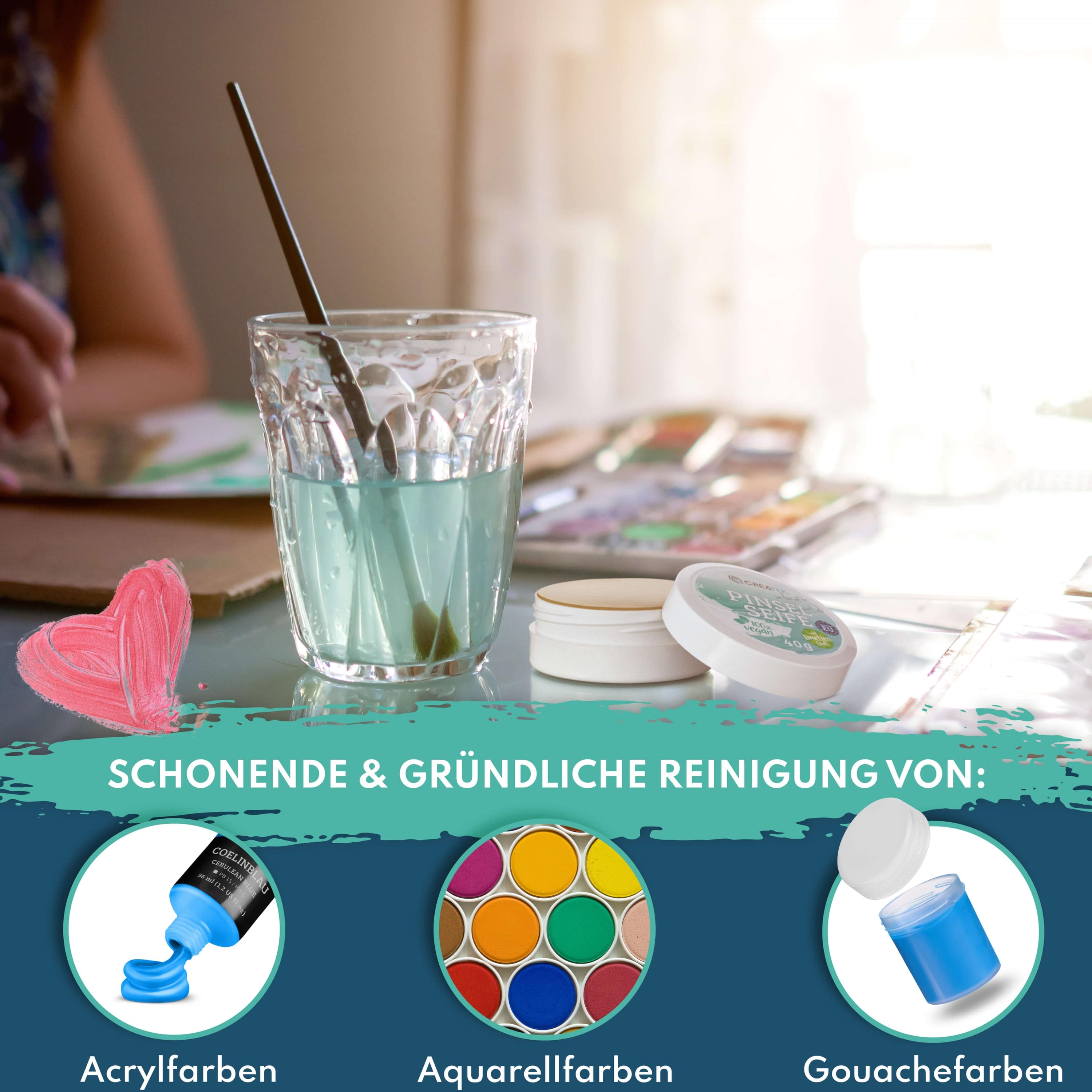 Pinselseife für Acryl- & Aquarellfarbe | Made in EU | erfrischender Limetten Duft | Vegan & nachhaltig