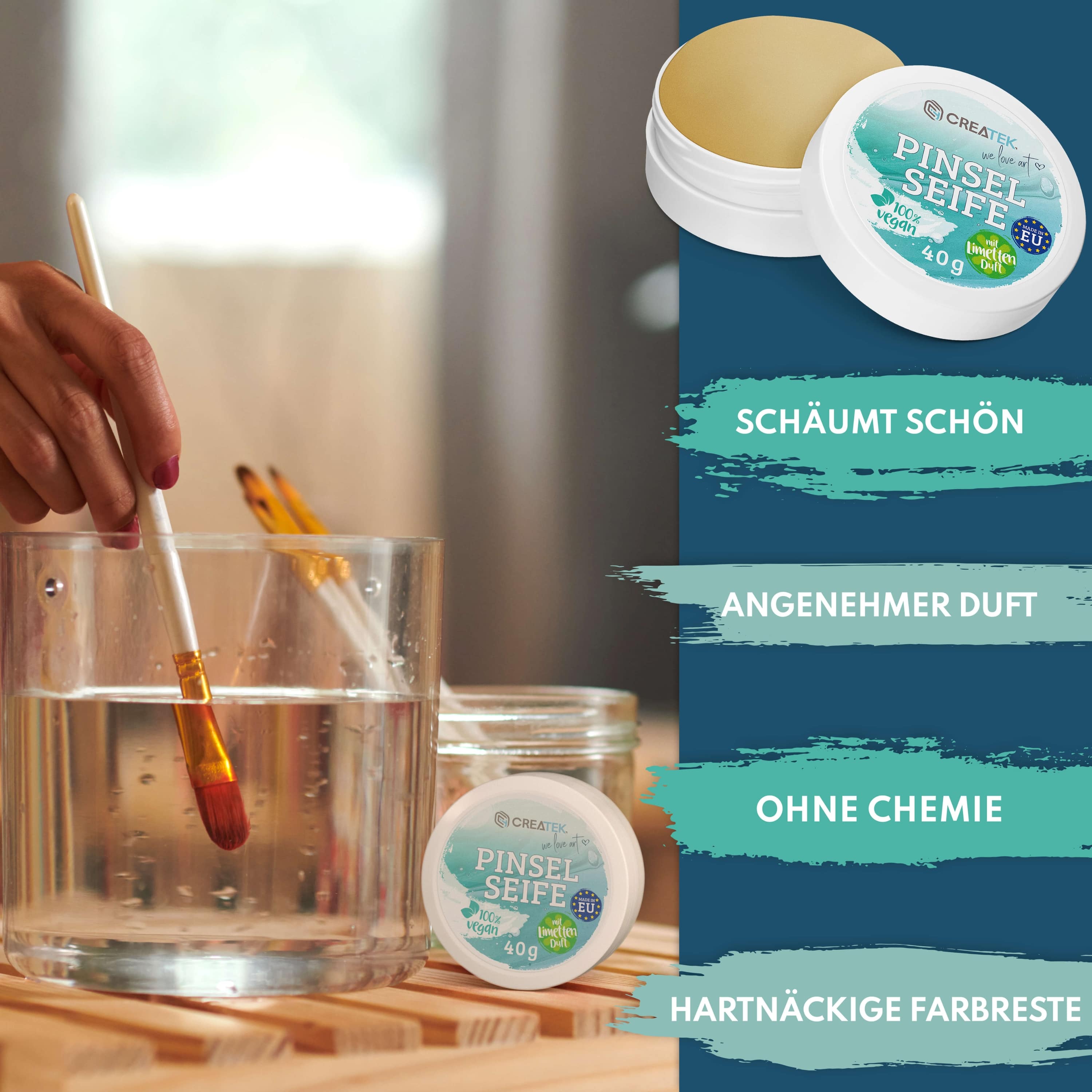 Pinselseife für Acryl- & Aquarellfarbe | Made in EU | erfrischender Limetten Duft | Vegan & nachhaltig