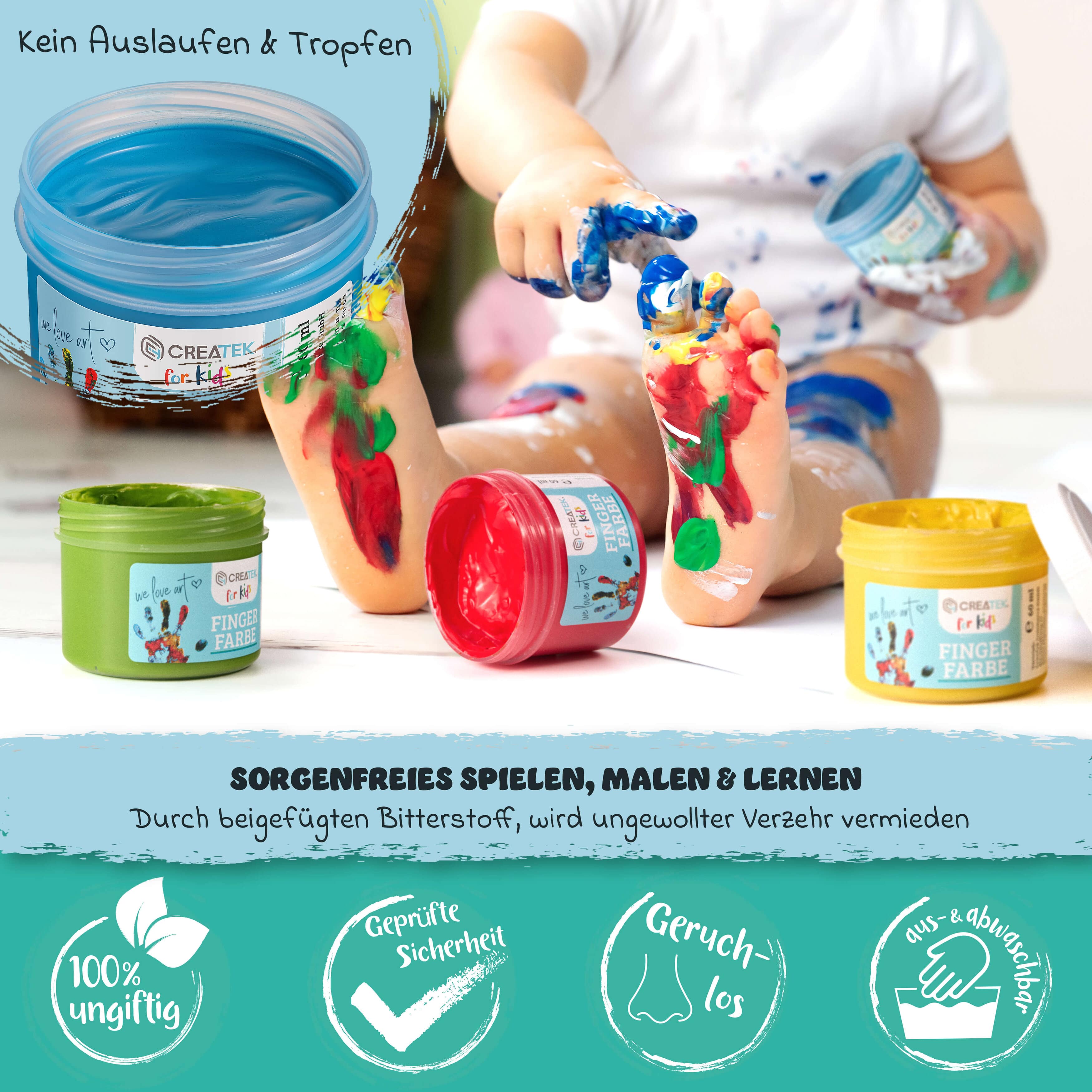 Fingerfarben für Kinder - Grundfarben 6 Töpfe mit 60ml | Ab 2 Jahren - ungiftig, vegan & abwaschbar | inkl. Malvorlagen