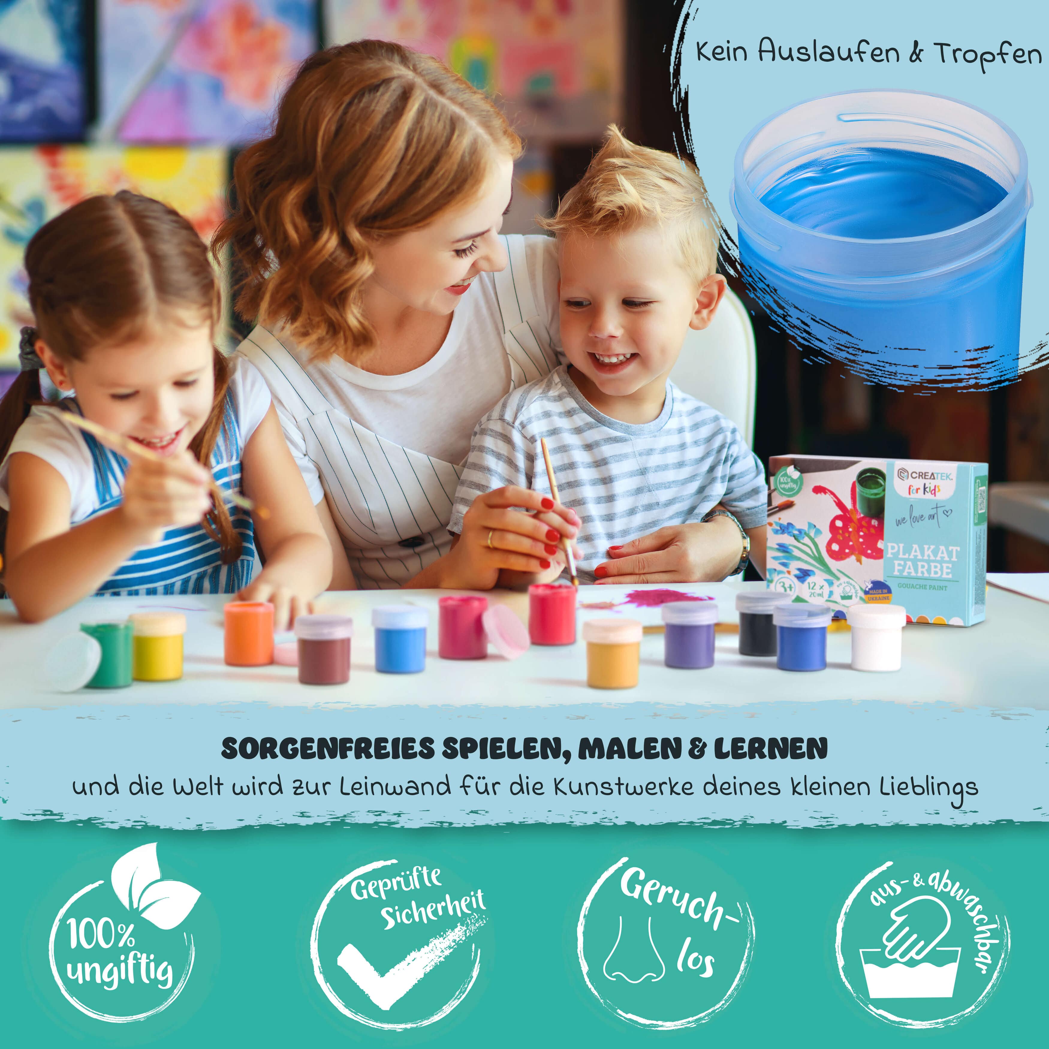 Bastelfarben für Kinder ab 3 Jahren - 12x20ml | ungiftig & abwaschbar inkl. Malvorlagen