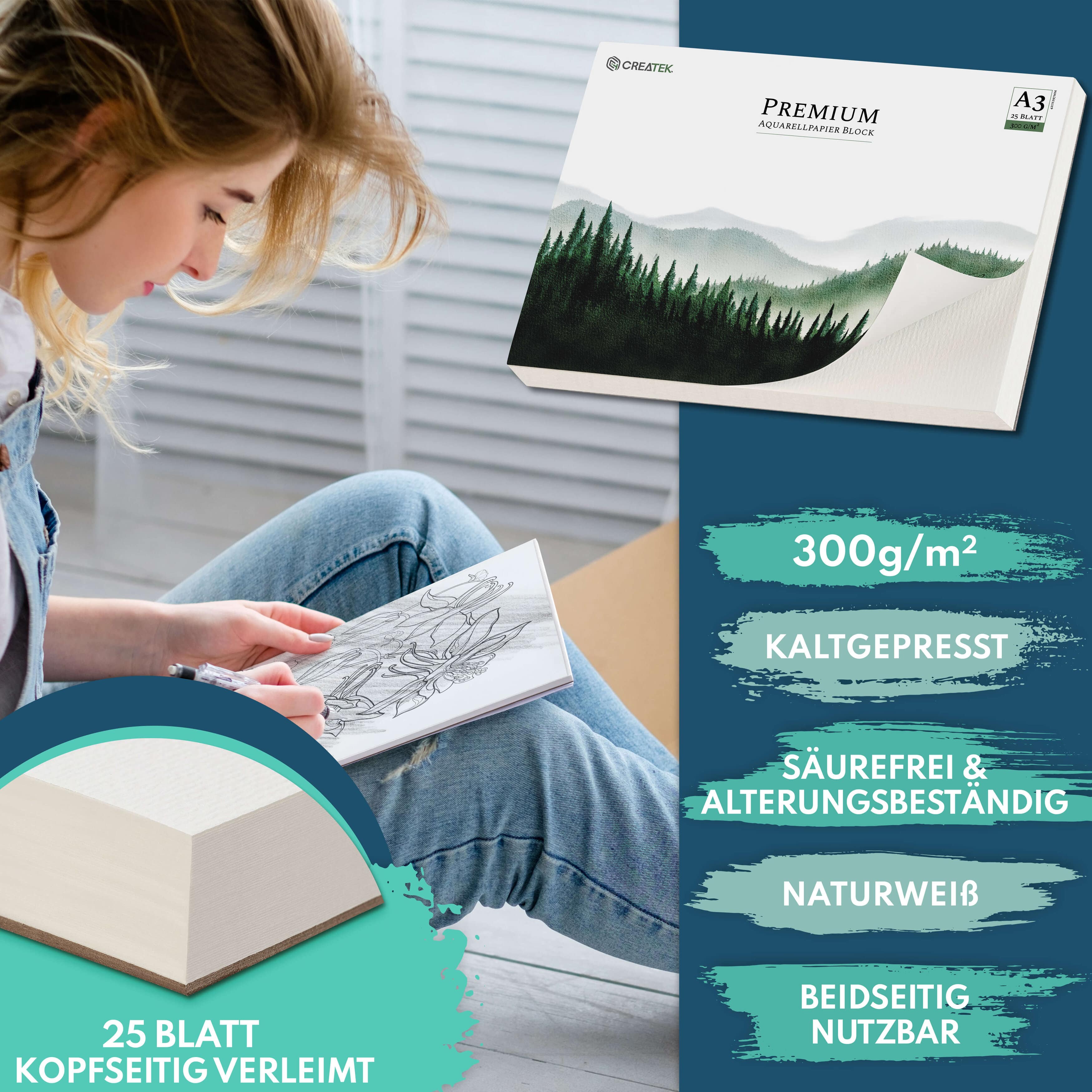 Aquarellpapier A3 | 300g | 25 Blatt | kopfseitig geleimt | kaltgepresst & naturweiß für exzellent Farbwiedergabe