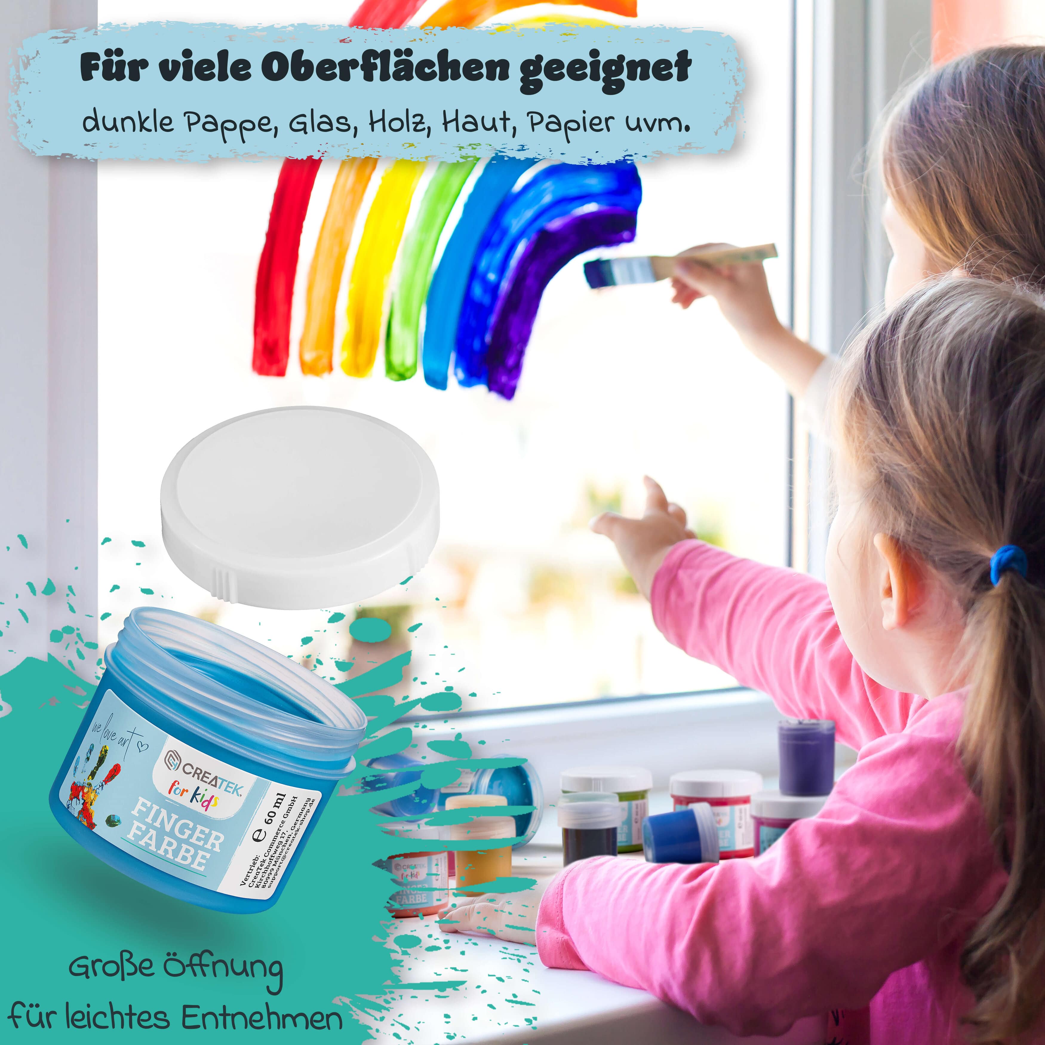 Fingerfarben für Kinder - Grundfarben 6 Töpfe mit 60ml | Ab 2 Jahren - ungiftig, vegan & abwaschbar | inkl. Malvorlagen