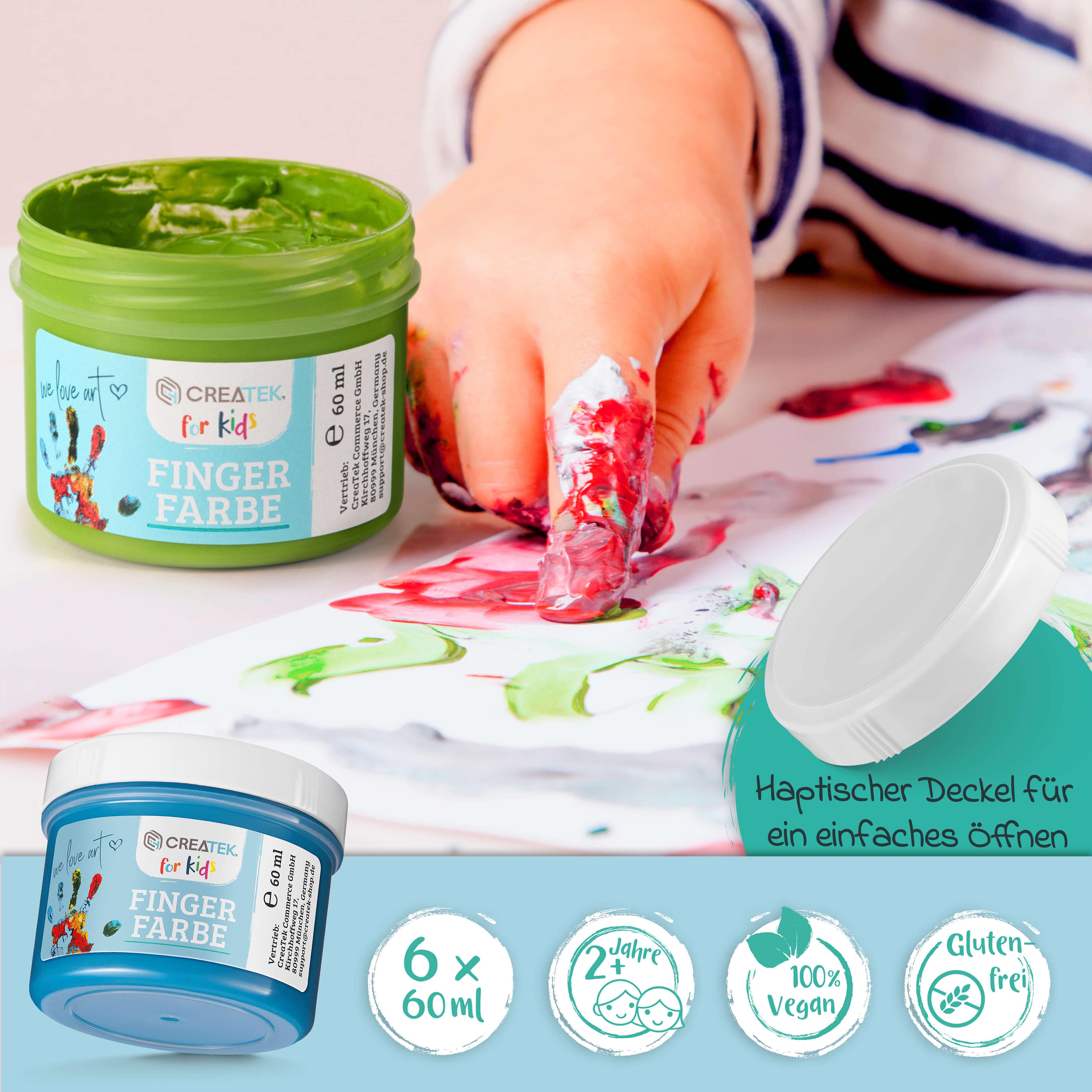 Fingerfarben für Kinder - Grundfarben 6 Töpfe mit 60ml | Ab 2 Jahren - ungiftig, vegan & abwaschbar | inkl. Malvorlagen