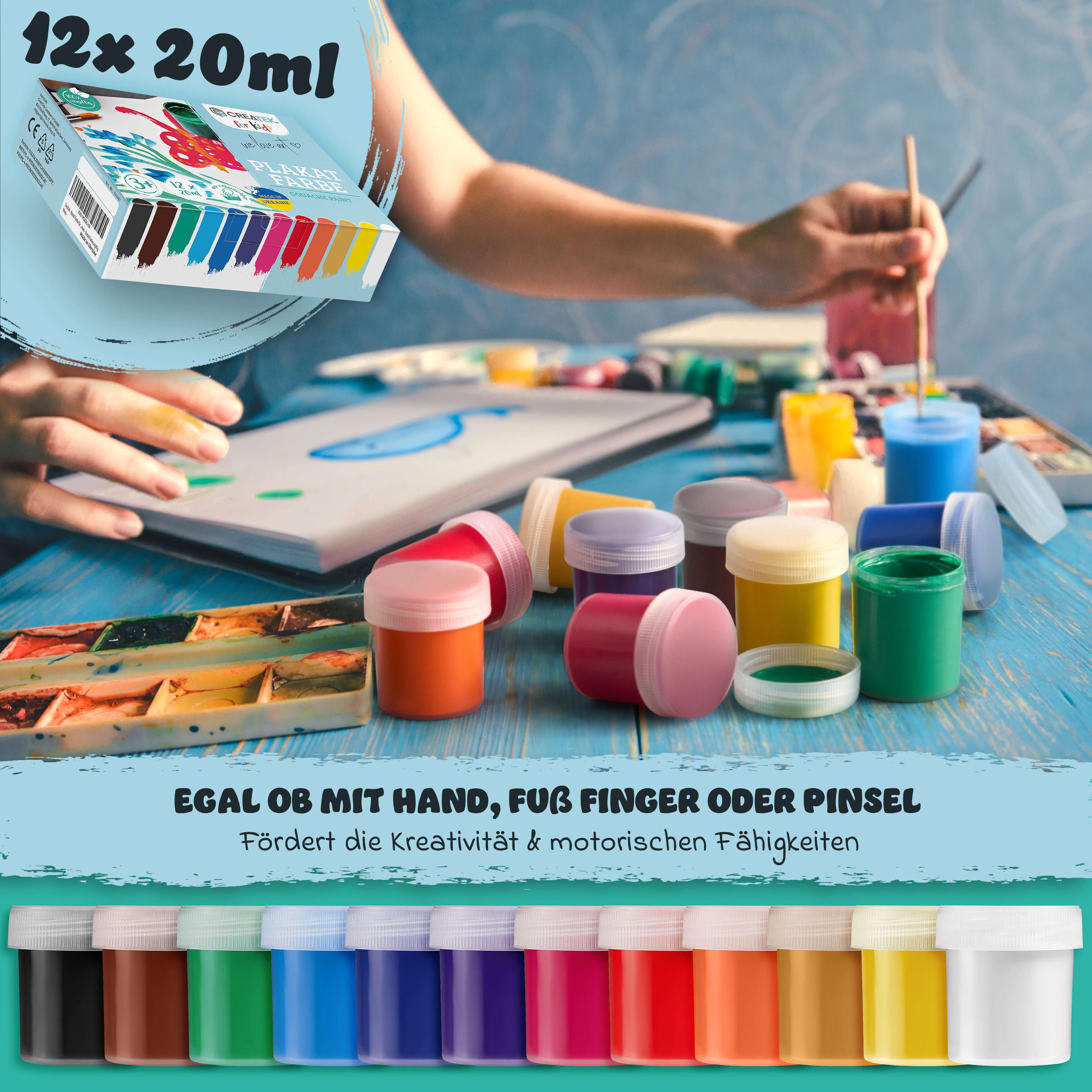 Bastelfarben für Kinder ab 3 Jahren - 12x20ml | ungiftig & abwaschbar inkl. Malvorlagen