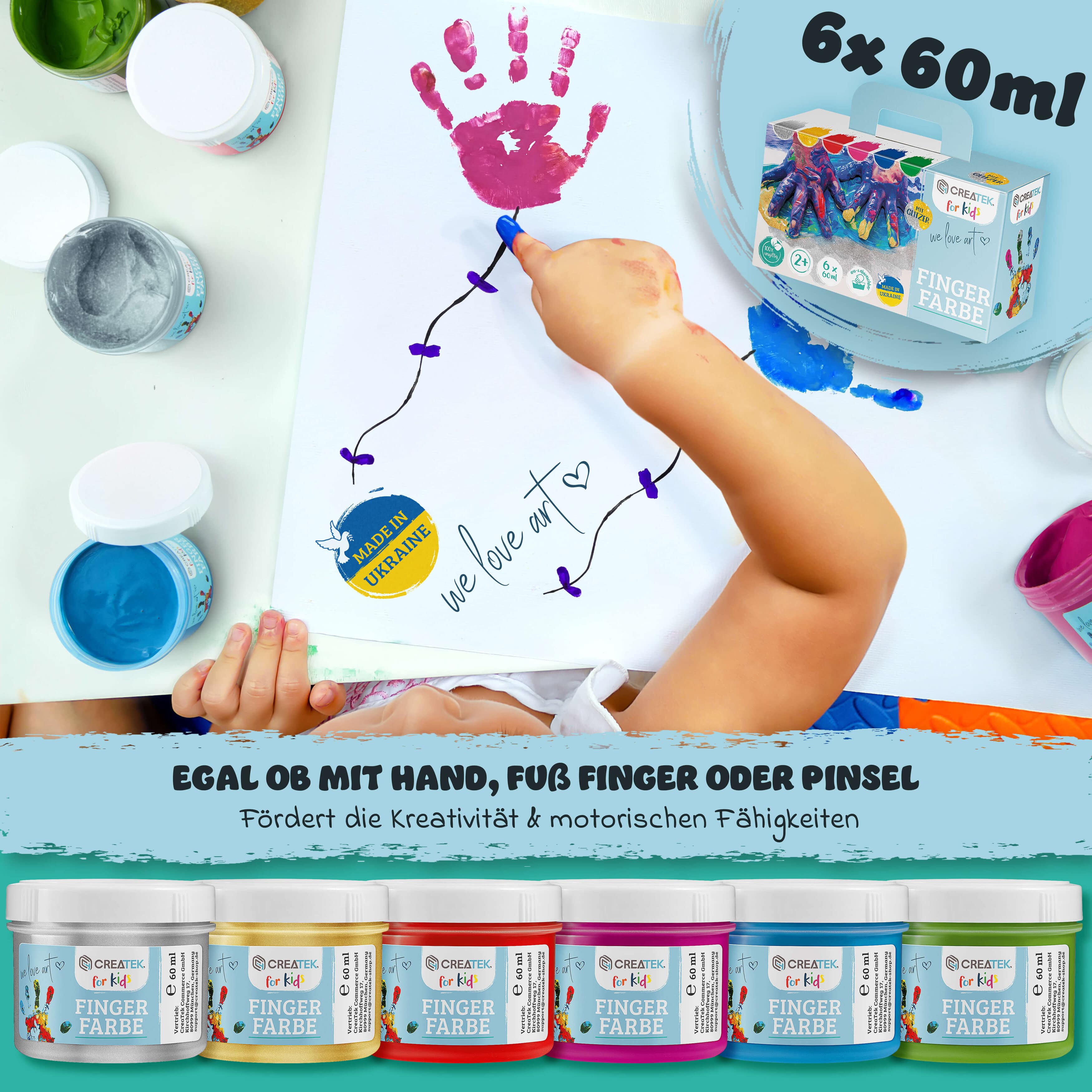 Fingerfarben für Kinder - mit Gold& Silber - 6 Töpfe mit 60ml | Ab 2 Jahren - ungiftig, vegan & abwaschbar | inkl. Malvorlagen