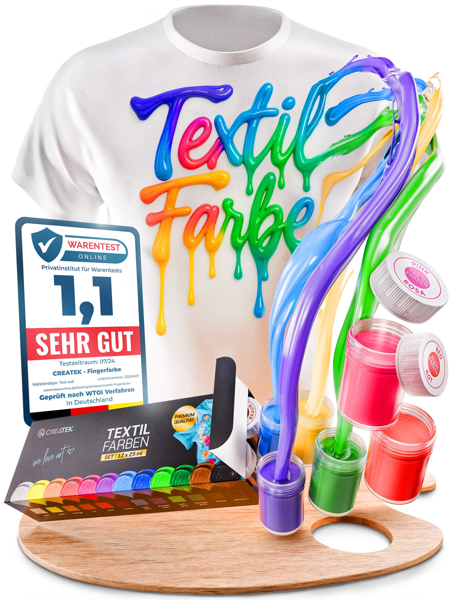 CreaTek Textilfarbe waschmaschinenfest 12 intensive Farben je 25ml + 2 Pinsel - echte Stoffmalfarben waschfest bis 40 °C - Stofffarben ideal für helle T-Shirts, Schuhe, Taschen - Fabric Paint Set
