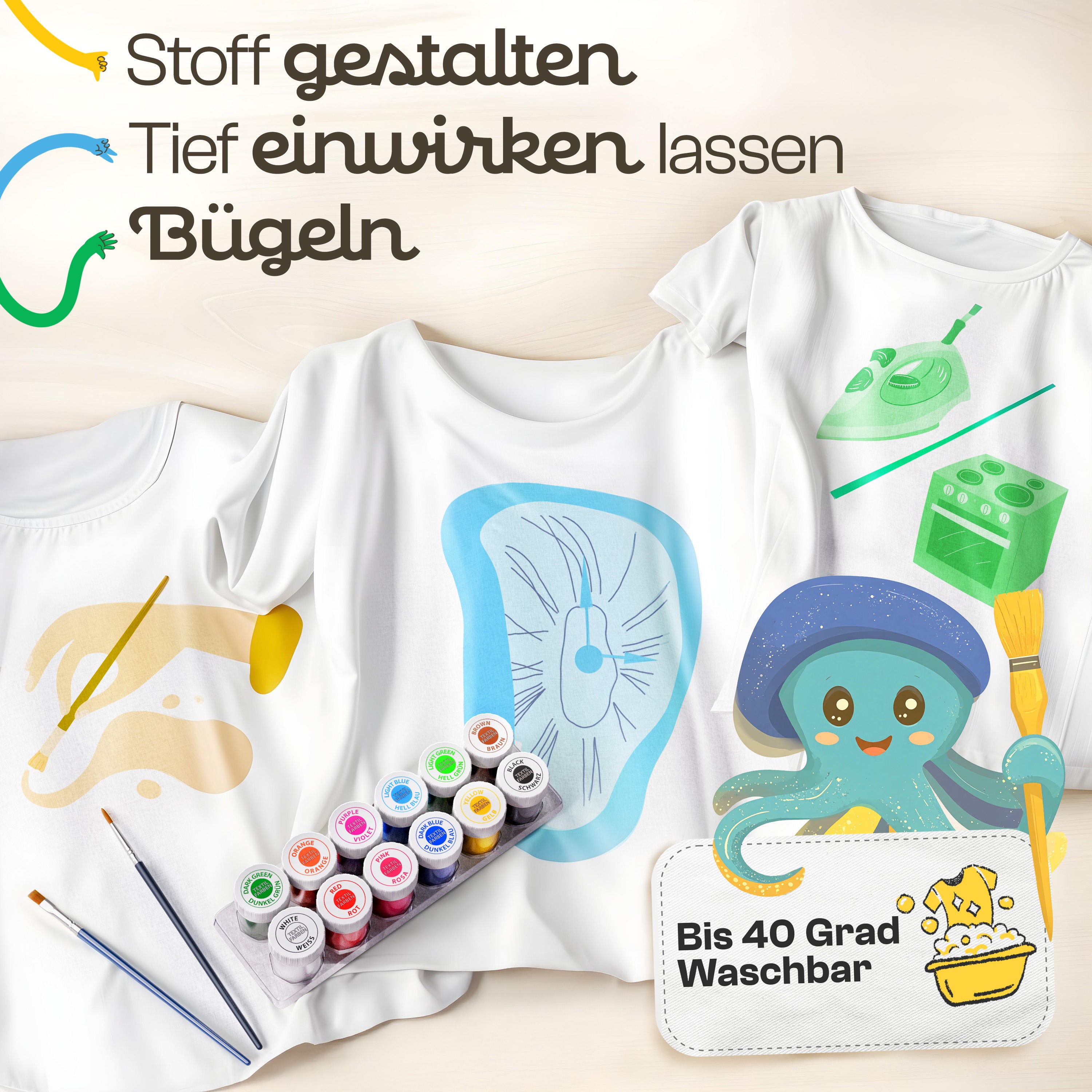 CreaTek Textilfarbe waschmaschinenfest 12 intensive Farben je 25ml + 2 Pinsel - echte Stoffmalfarben waschfest bis 40 °C - Stofffarben ideal für helle T-Shirts, Schuhe, Taschen - Fabric Paint Set