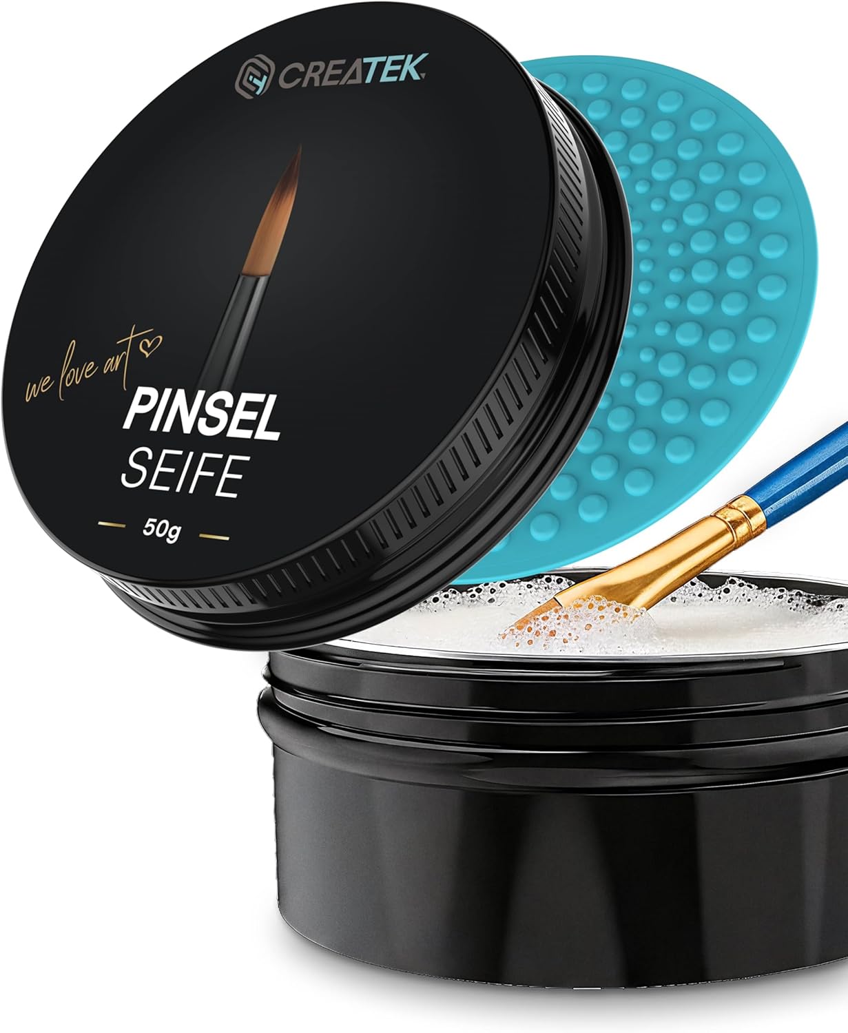 CreaTek Premium Pinselseife 50g + praktische Silikon Reinigungsmatte für tiefenwirksame Reinigung - hochwertiger Pinselreiniger Acrylfarbe, Aquarellfarbe - 100% vegane Pinsel Seife, Brush Soap