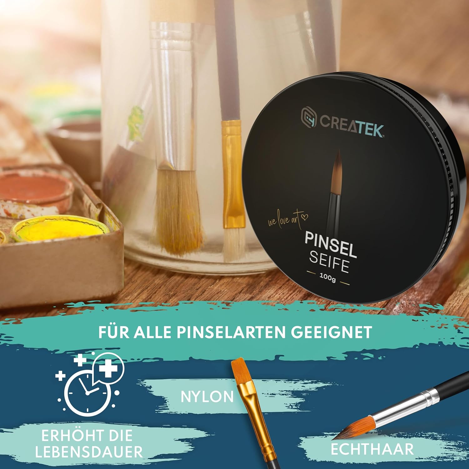CreaTek Premium Pinselseife 100g + praktische Silikon Reinigungsmatte für tiefenwirksame Reinigung - hochwertiger Pinselreiniger Acrylfarbe, Aquarellfarbe - 100% vegane Pinsel Seife, Brush Soap