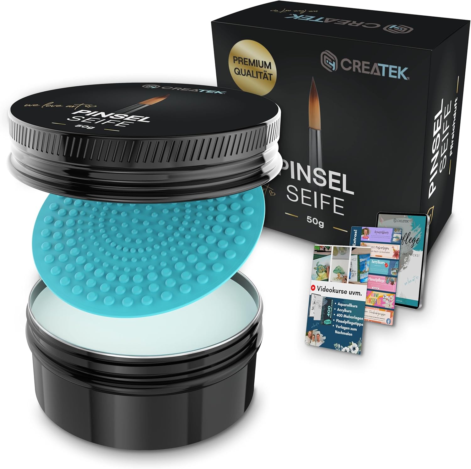 CreaTek Premium Pinselseife 50g + praktische Silikon Reinigungsmatte für tiefenwirksame Reinigung - hochwertiger Pinselreiniger Acrylfarbe, Aquarellfarbe - 100% vegane Pinsel Seife, Brush Soap
