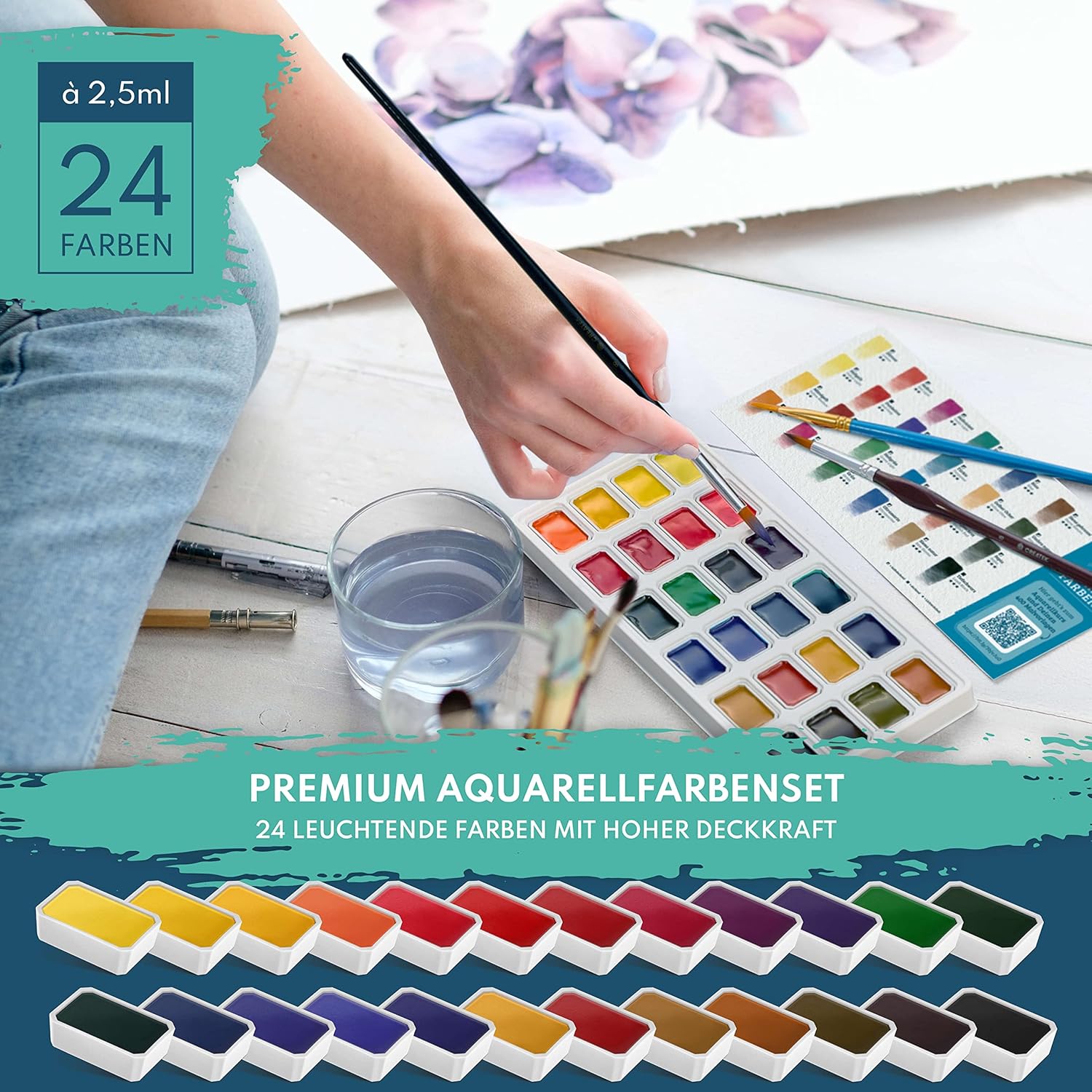 CreaTek Aquarellpapier A6 300g + Premium Aquarellfarben Set [ zum Vorteilspreis ] unschlagbare Kombination aus leuchtenden und stark pigmentierten Wasserfarben & Aquarellpapier DIN A6 Postkartenformat