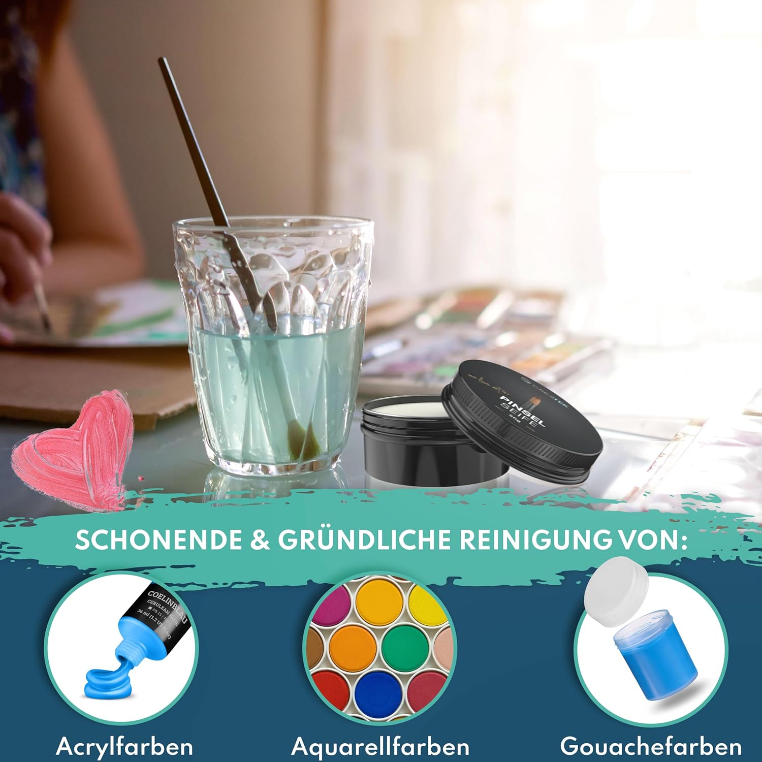 CreaTek Premium Pinselseife 50g + praktische Silikon Reinigungsmatte für tiefenwirksame Reinigung - hochwertiger Pinselreiniger Acrylfarbe, Aquarellfarbe - 100% vegane Pinsel Seife, Brush Soap