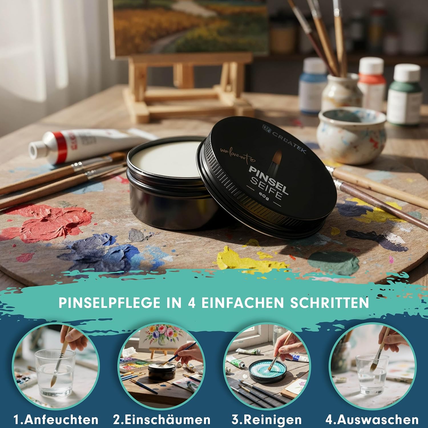 CreaTek Premium Pinselseife 50g + praktische Silikon Reinigungsmatte für tiefenwirksame Reinigung - hochwertiger Pinselreiniger Acrylfarbe, Aquarellfarbe - 100% vegane Pinsel Seife, Brush Soap