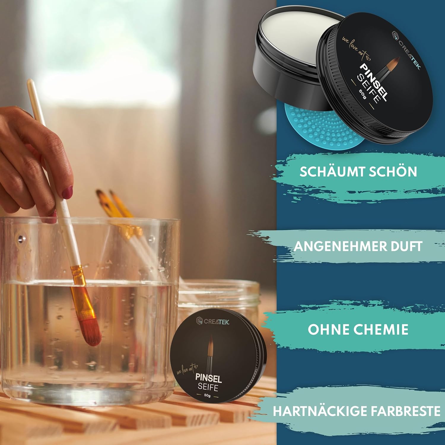 CreaTek Premium Pinselseife 50g + praktische Silikon Reinigungsmatte für tiefenwirksame Reinigung - hochwertiger Pinselreiniger Acrylfarbe, Aquarellfarbe - 100% vegane Pinsel Seife, Brush Soap