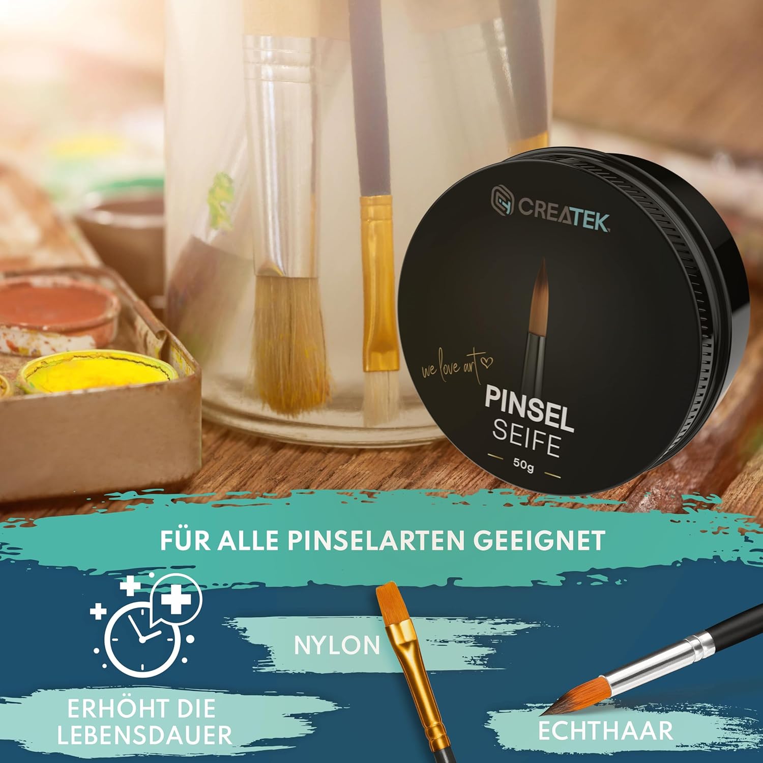 CreaTek Premium Pinselseife 50g + praktische Silikon Reinigungsmatte für tiefenwirksame Reinigung - hochwertiger Pinselreiniger Acrylfarbe, Aquarellfarbe - 100% vegane Pinsel Seife, Brush Soap