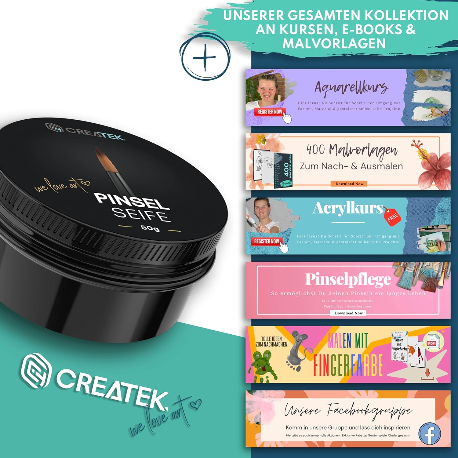 CreaTek Premium Pinselseife 50g + praktische Silikon Reinigungsmatte für tiefenwirksame Reinigung - hochwertiger Pinselreiniger Acrylfarbe, Aquarellfarbe - 100% vegane Pinsel Seife, Brush Soap