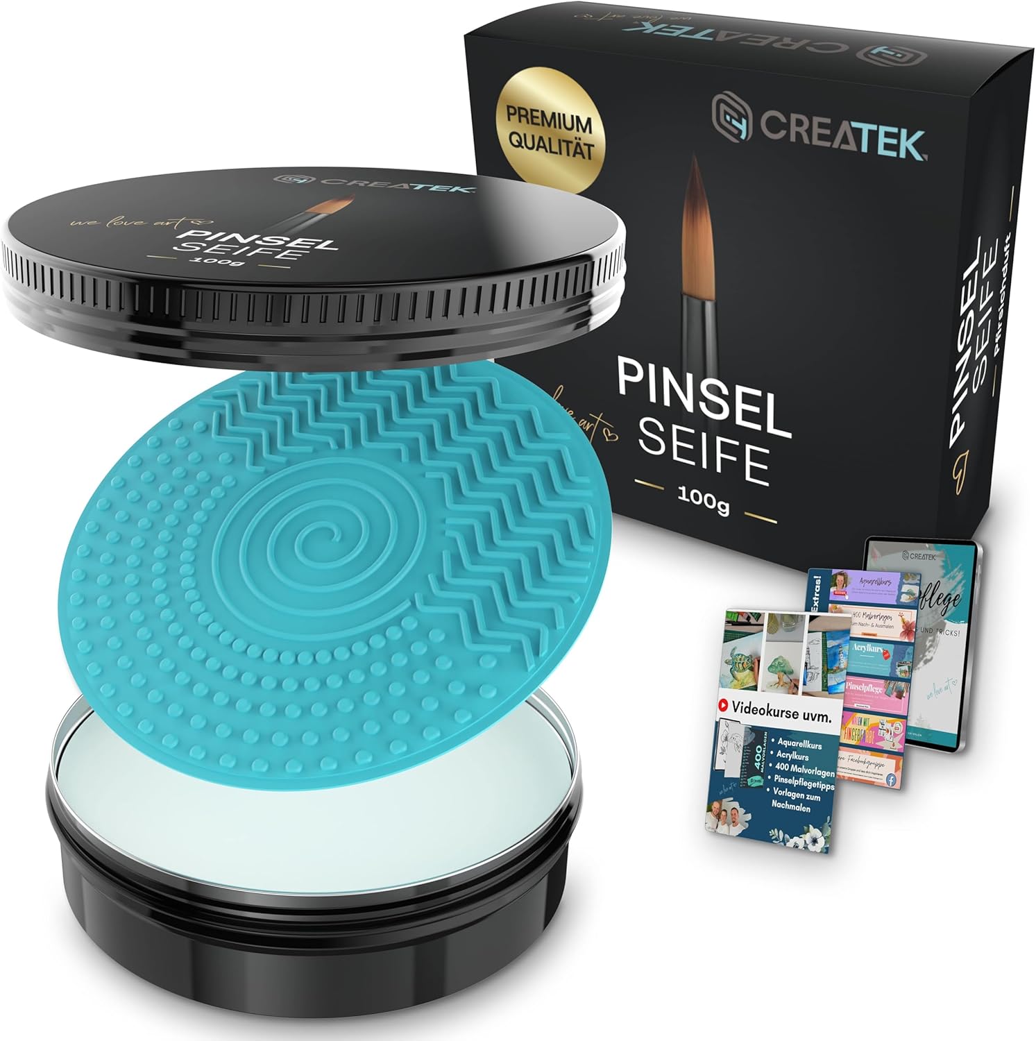 CreaTek Premium Pinselseife 100g + praktische Silikon Reinigungsmatte für tiefenwirksame Reinigung - hochwertiger Pinselreiniger Acrylfarbe, Aquarellfarbe - 100% vegane Pinsel Seife, Brush Soap