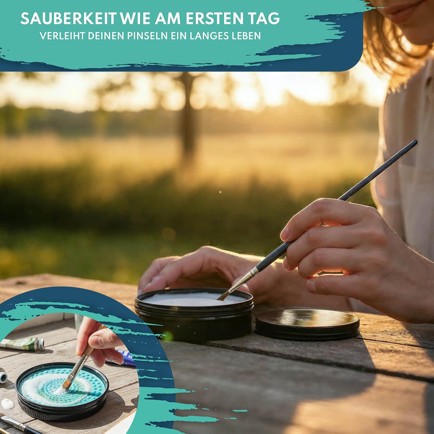 CreaTek Premium Pinselseife 100g + praktische Silikon Reinigungsmatte für tiefenwirksame Reinigung - hochwertiger Pinselreiniger Acrylfarbe, Aquarellfarbe - 100% vegane Pinsel Seife, Brush Soap