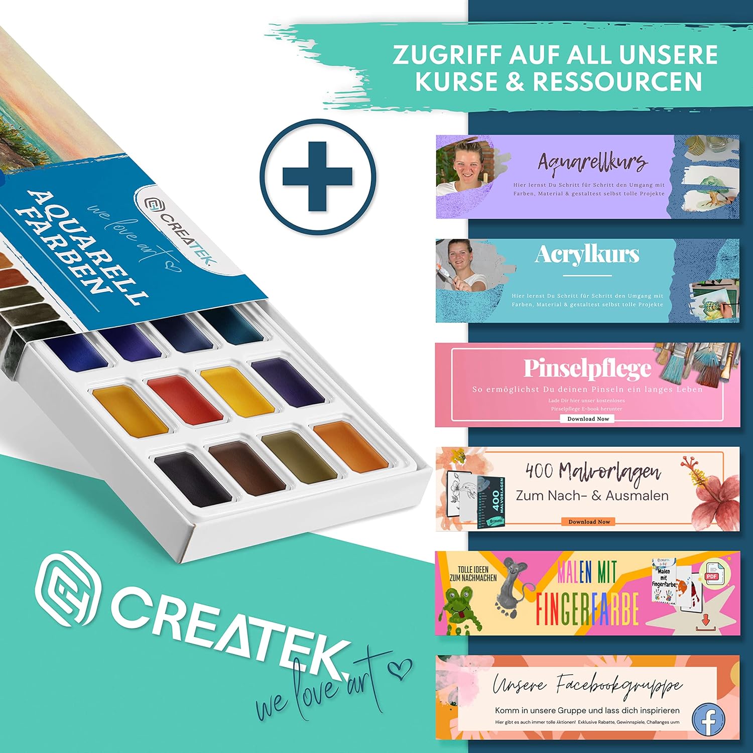 CreaTek Aquarellpapier A6 300g + Premium Aquarellfarben Set [ zum Vorteilspreis ] unschlagbare Kombination aus leuchtenden und stark pigmentierten Wasserfarben & Aquarellpapier DIN A6 Postkartenformat