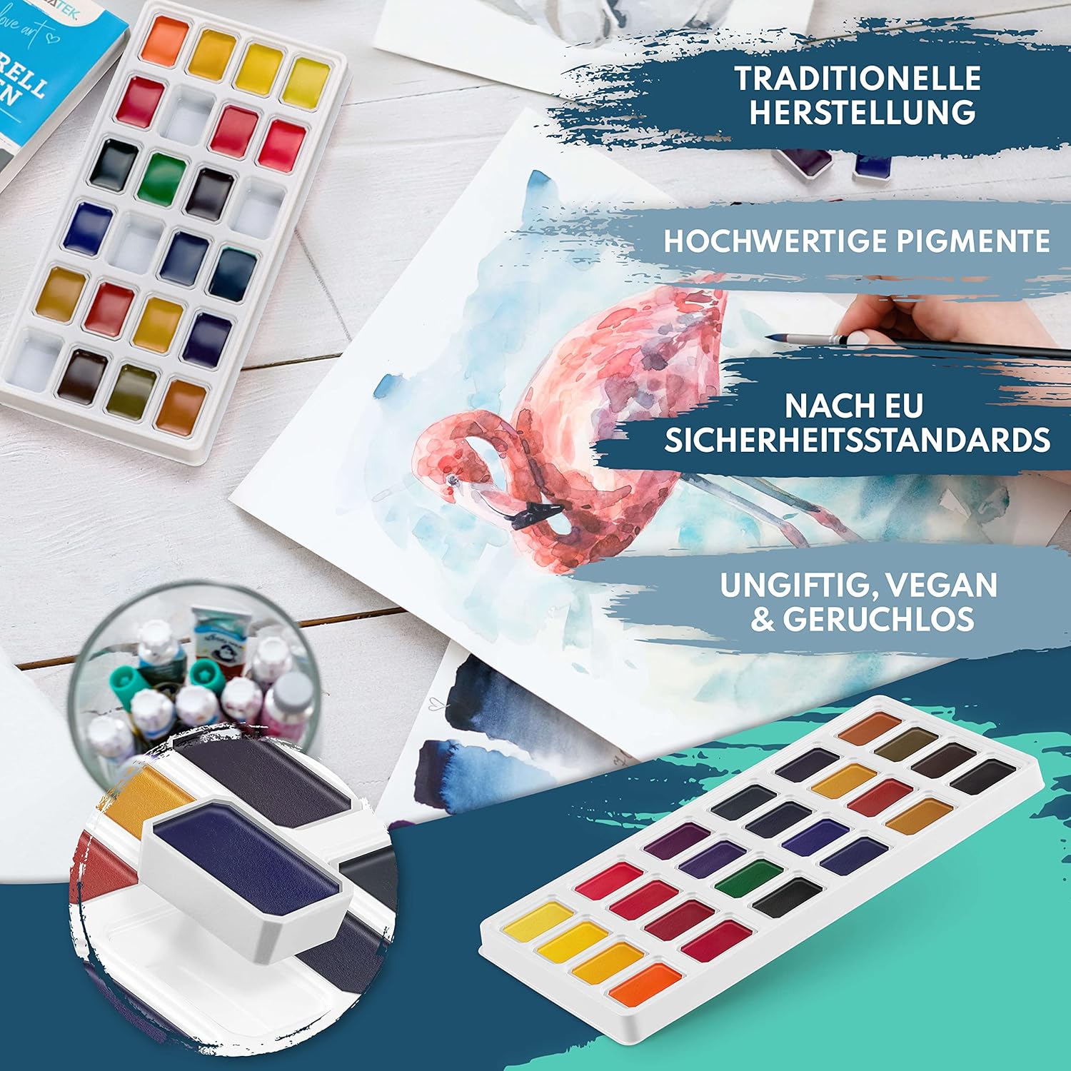 CreaTek Aquarellpapier A6 300g + Premium Aquarellfarben Set [ zum Vorteilspreis ] unschlagbare Kombination aus leuchtenden und stark pigmentierten Wasserfarben & Aquarellpapier DIN A6 Postkartenformat