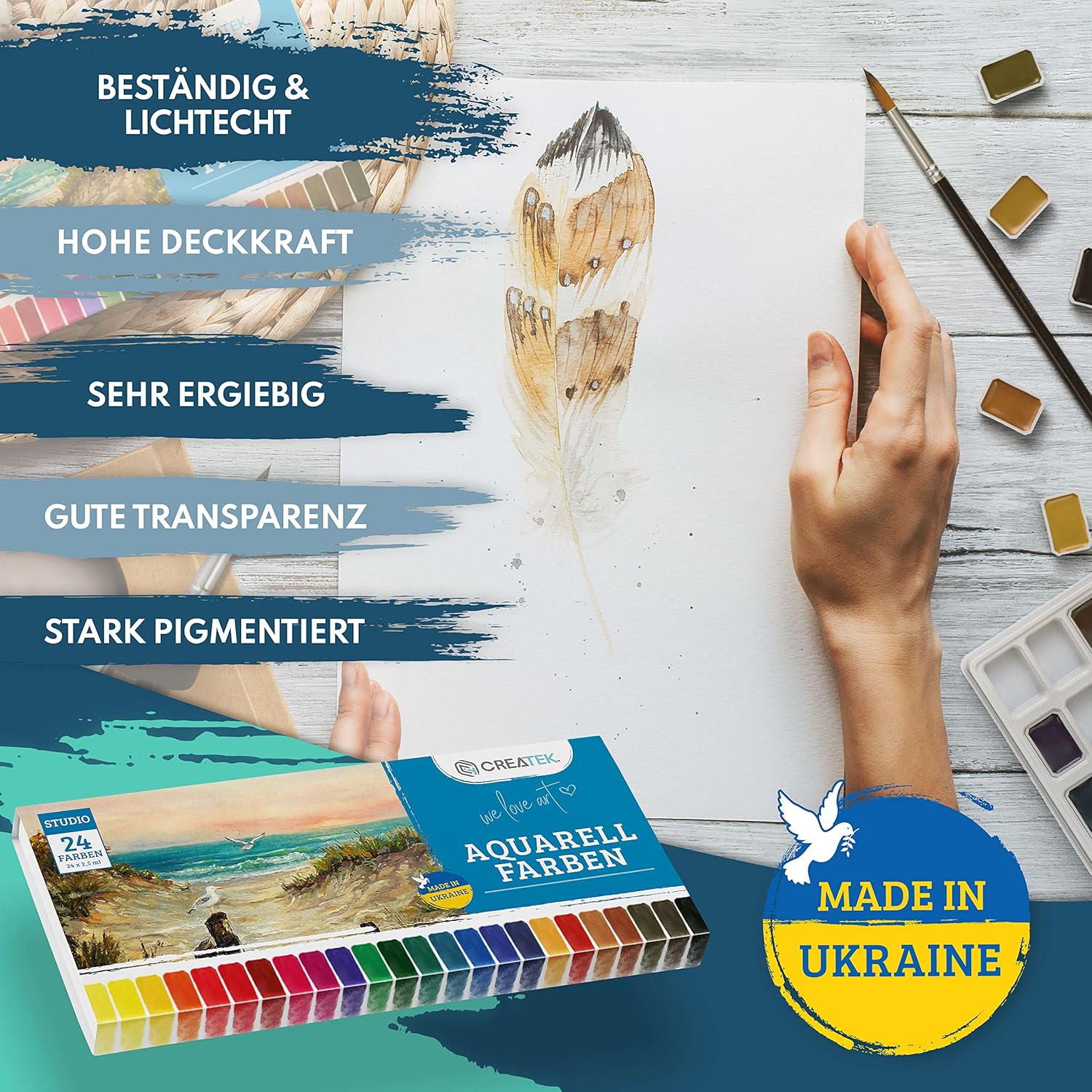 CreaTek Aquarellpapier A6 300g + Premium Aquarellfarben Set [ zum Vorteilspreis ] unschlagbare Kombination aus leuchtenden und stark pigmentierten Wasserfarben & Aquarellpapier DIN A6 Postkartenformat
