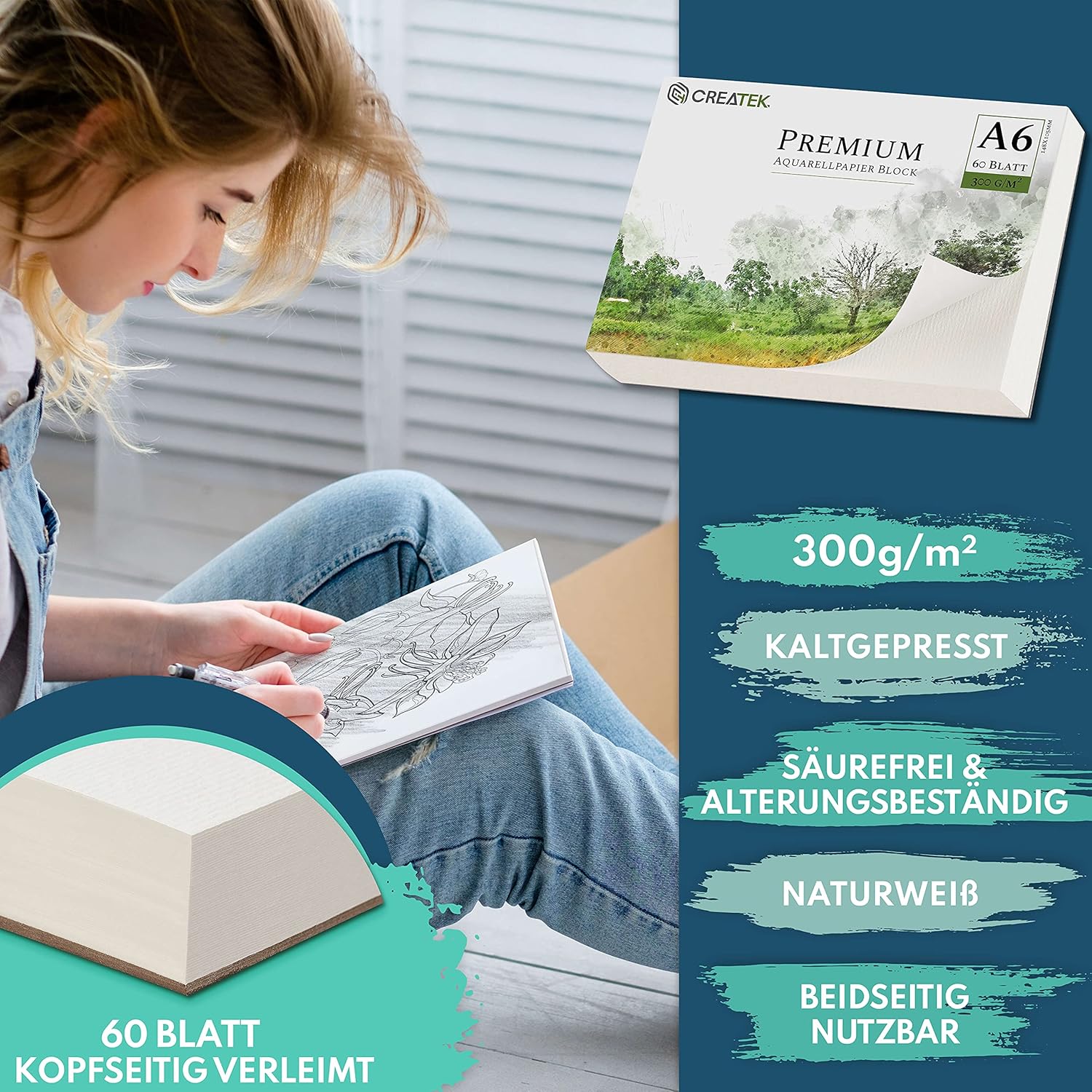 CreaTek Aquarellpapier A6 300g + Premium Aquarellfarben Set [ zum Vorteilspreis ] unschlagbare Kombination aus leuchtenden und stark pigmentierten Wasserfarben & Aquarellpapier DIN A6 Postkartenformat