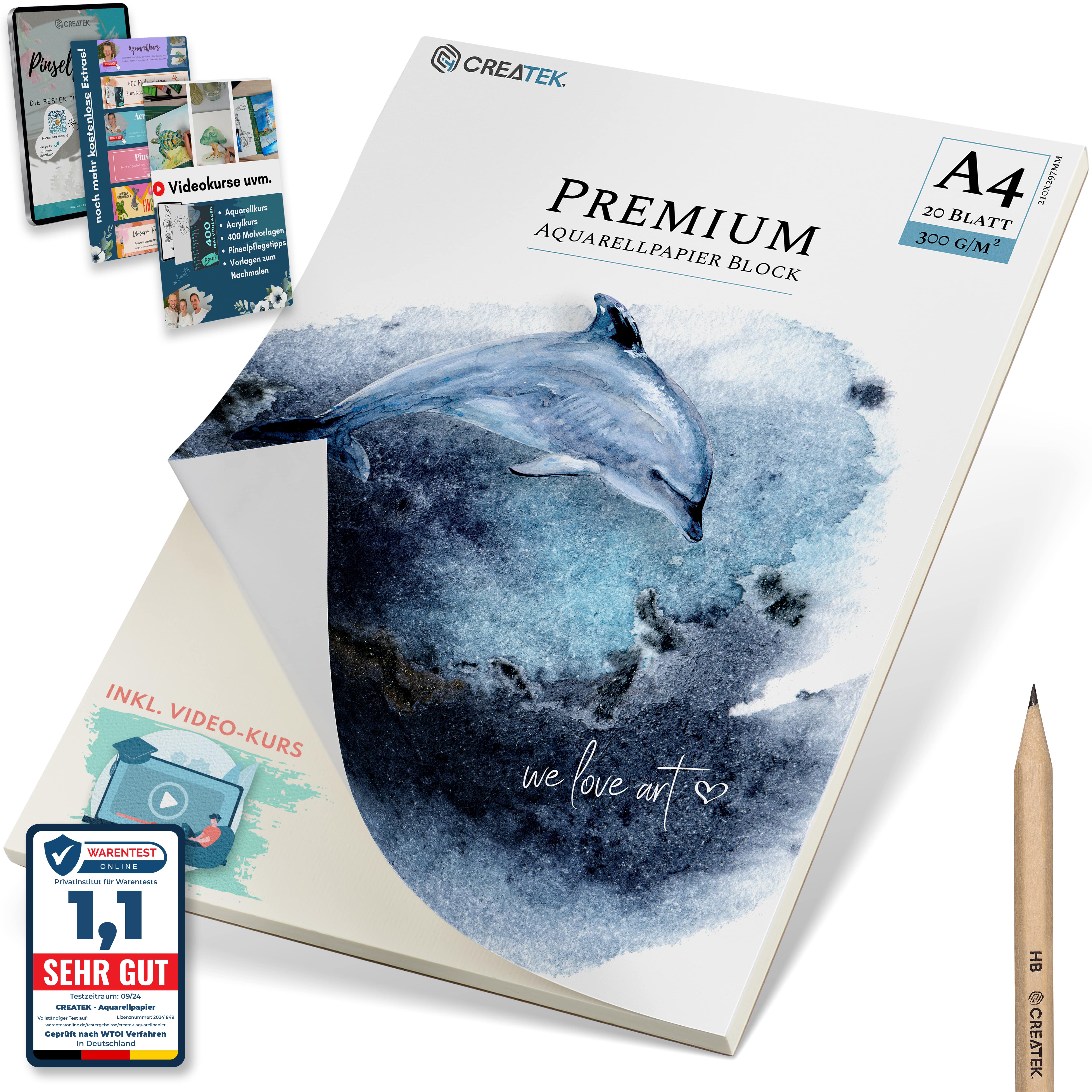Aquarellpapier A4 | 300g | 20 Blatt | rundum verleimt | kaltgepresst & naturweiß für exzellent Farbwiedergabe