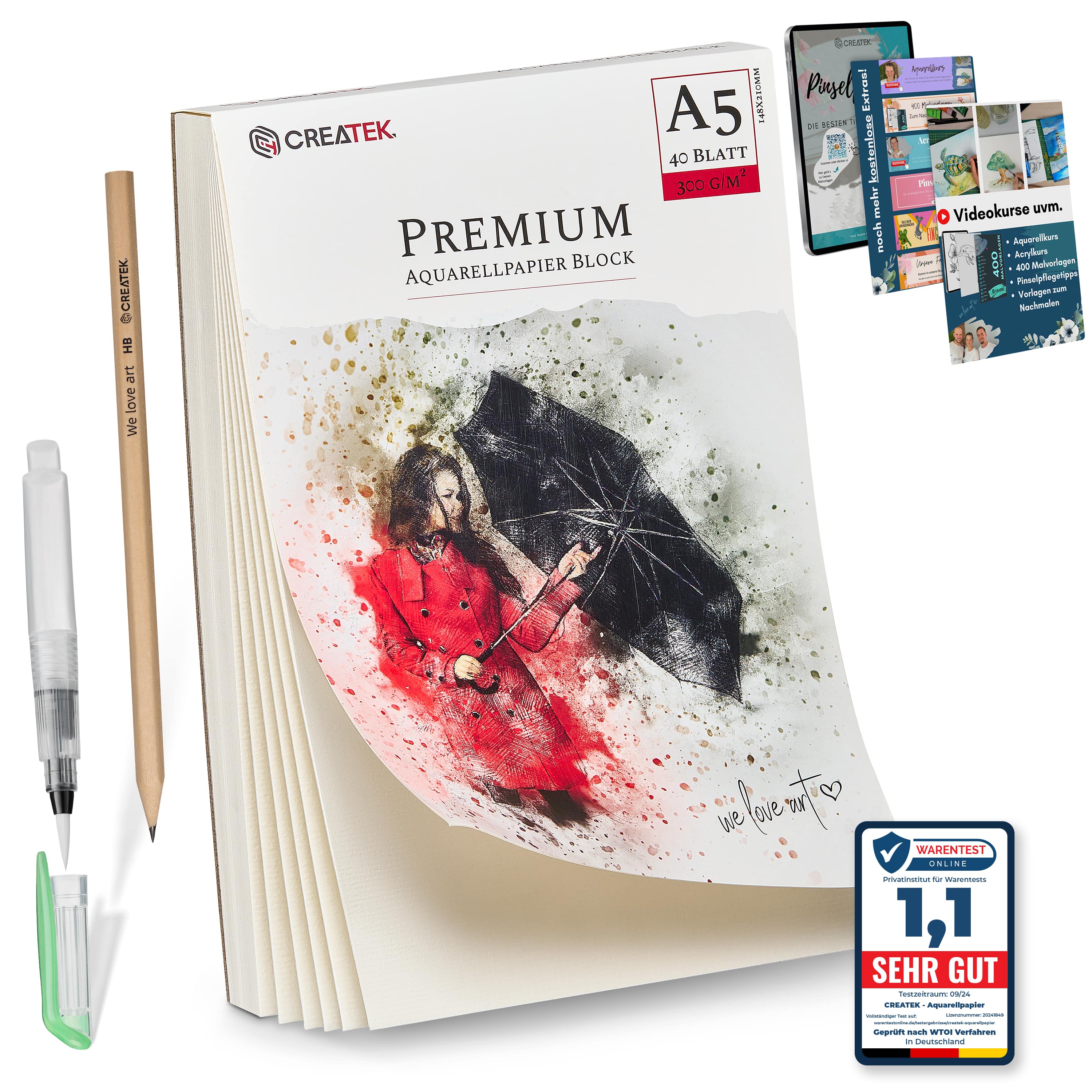 Aquarellpapier A5 | 300g | 40 Blatt | kopfseitig geleimt | kaltgepresst & naturweiß für exzellent Farbwiedergabe