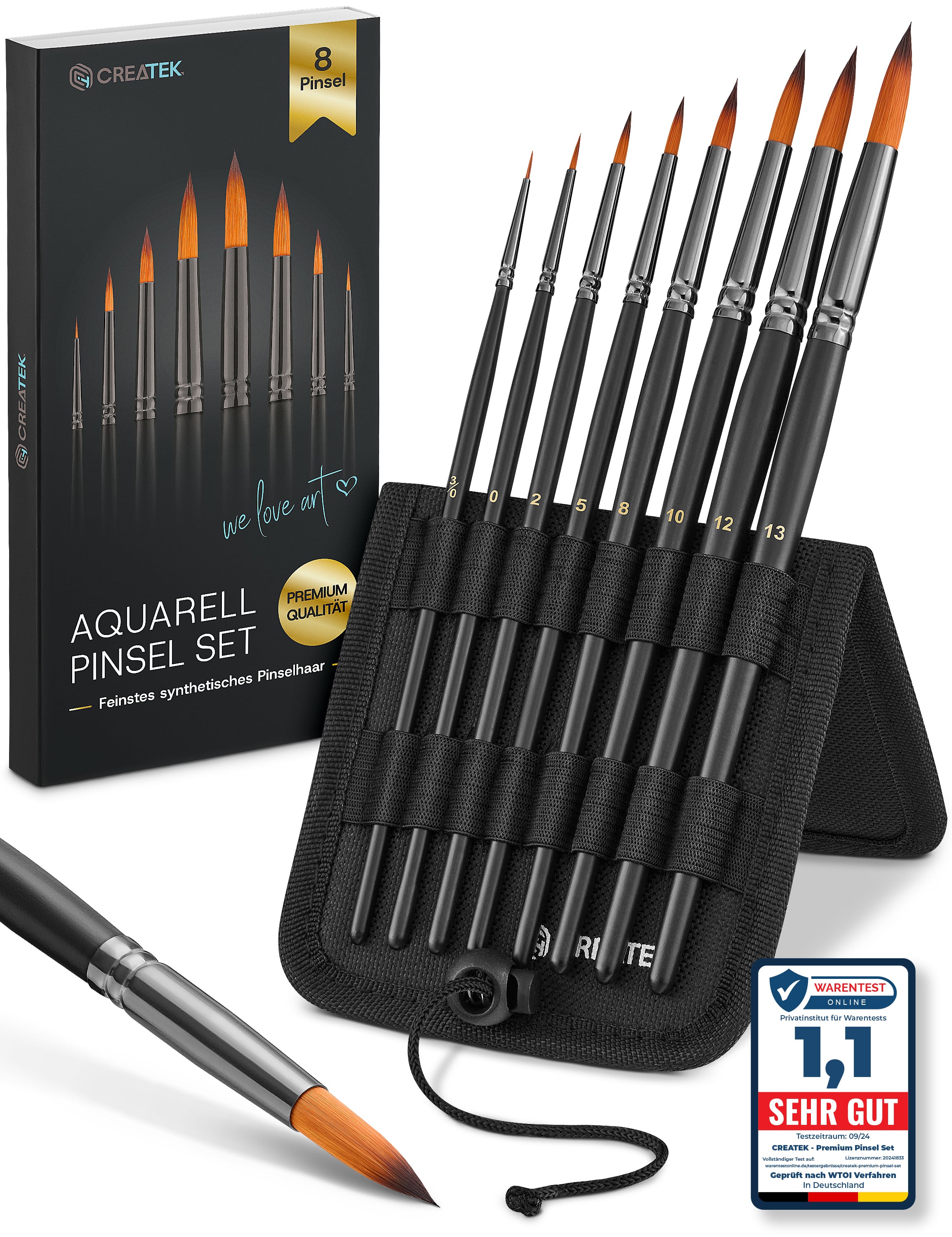 CreaTek Aquarellpinsel‑Set (8 Teile) – Premium Synthetikhaar & Holzgriff mit praktischem Aufsteller