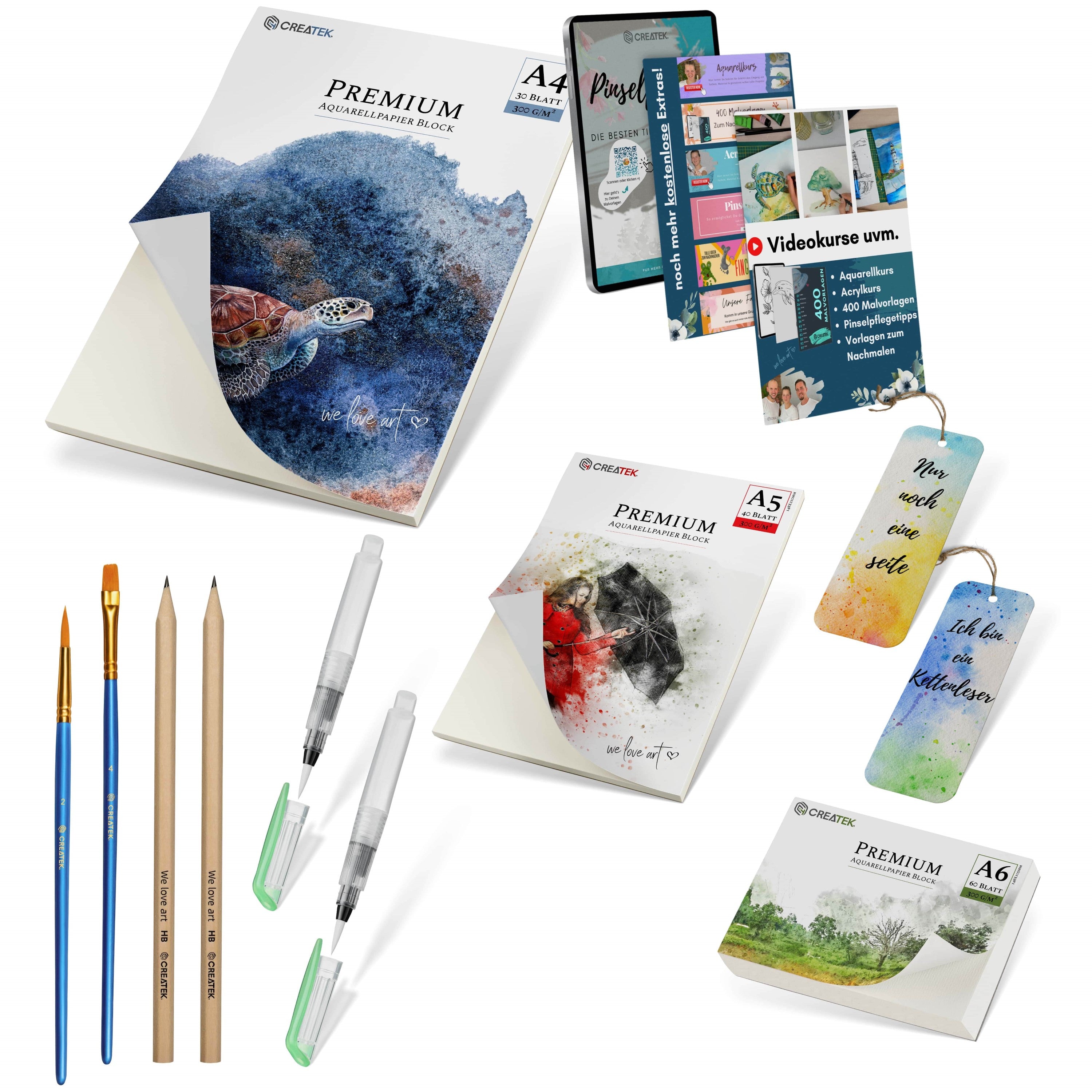 Aquarellpapier Set - unser Komplettpaket A4 & A5 & A6 + Aquarellpinsel & DIY Lesezeichen