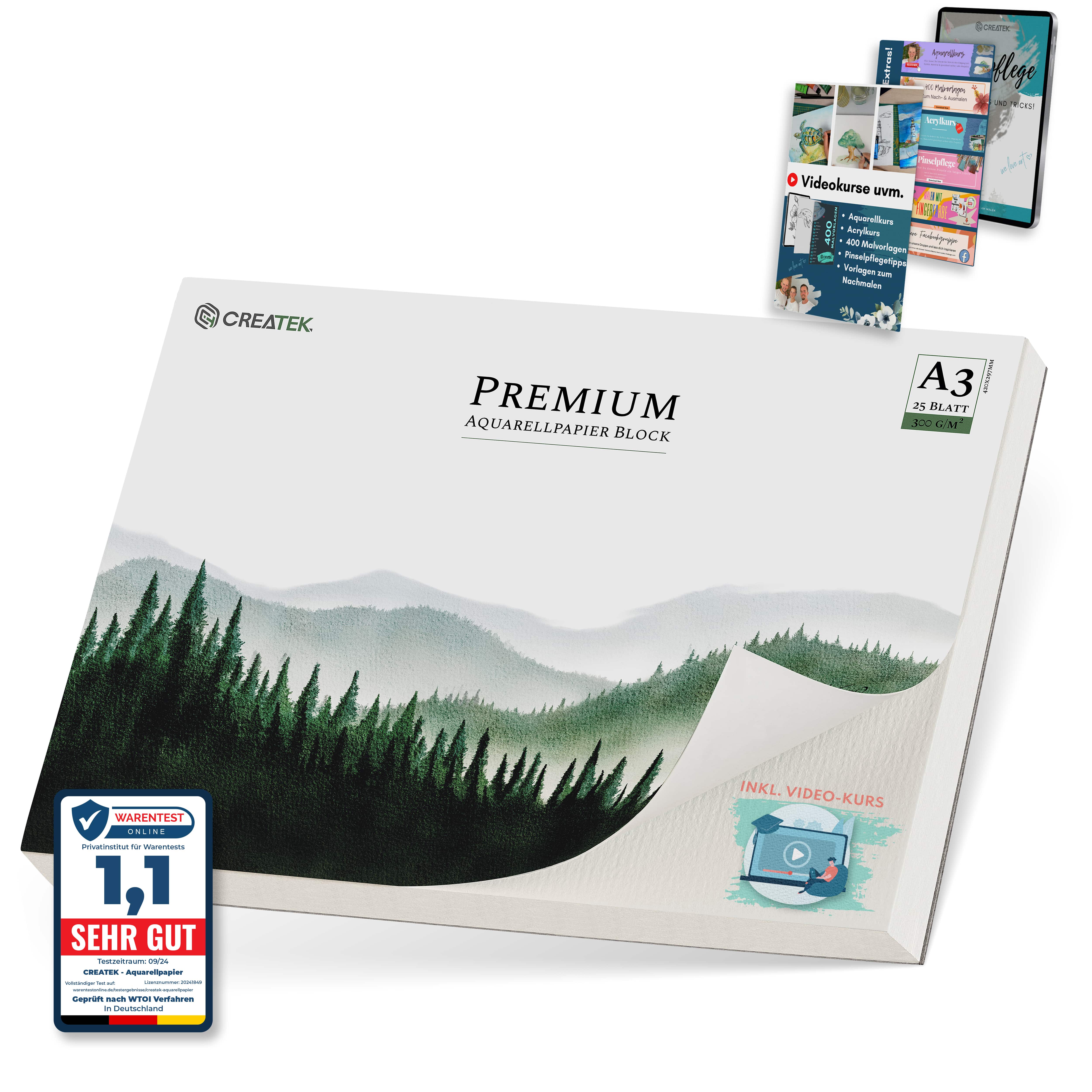 Aquarellpapier A3 | 300g | 25 Blatt | kopfseitig geleimt | kaltgepresst & naturweiß für exzellent Farbwiedergabe