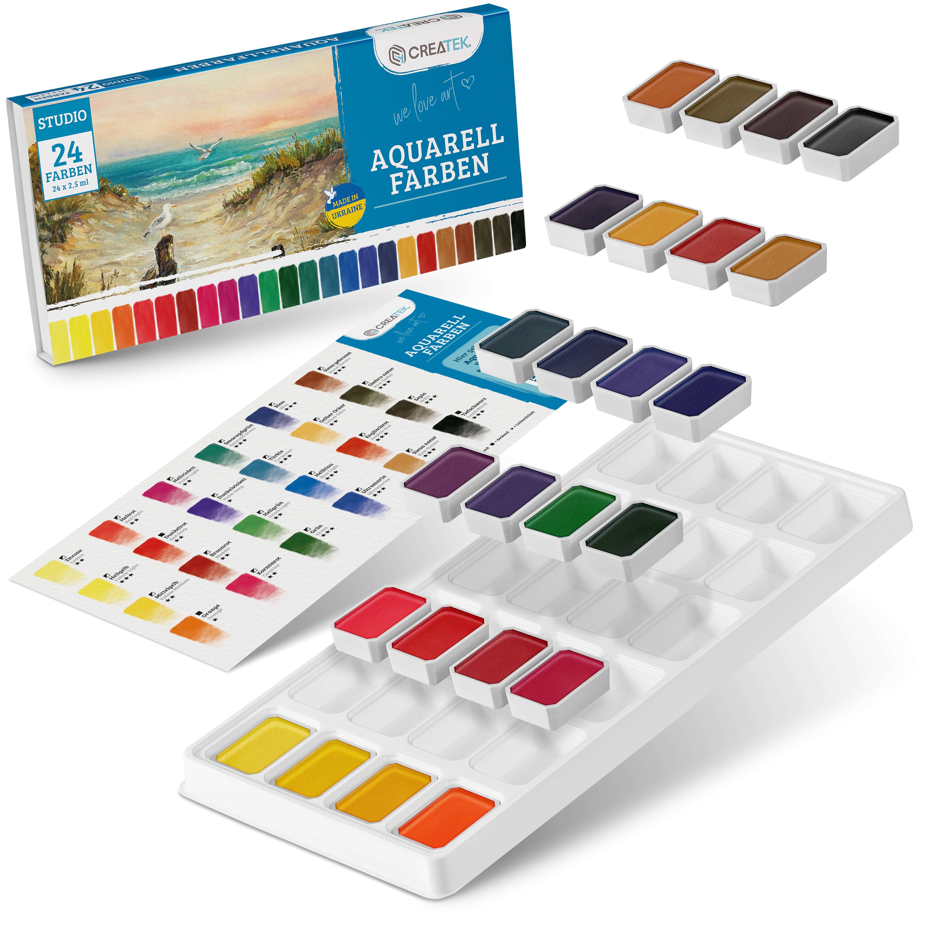 Aquarellfarben Set in Studio Qualität | 24 leuchtende & kräftige Wasserfarben | Stark Pigmentiert und Ergiebig!