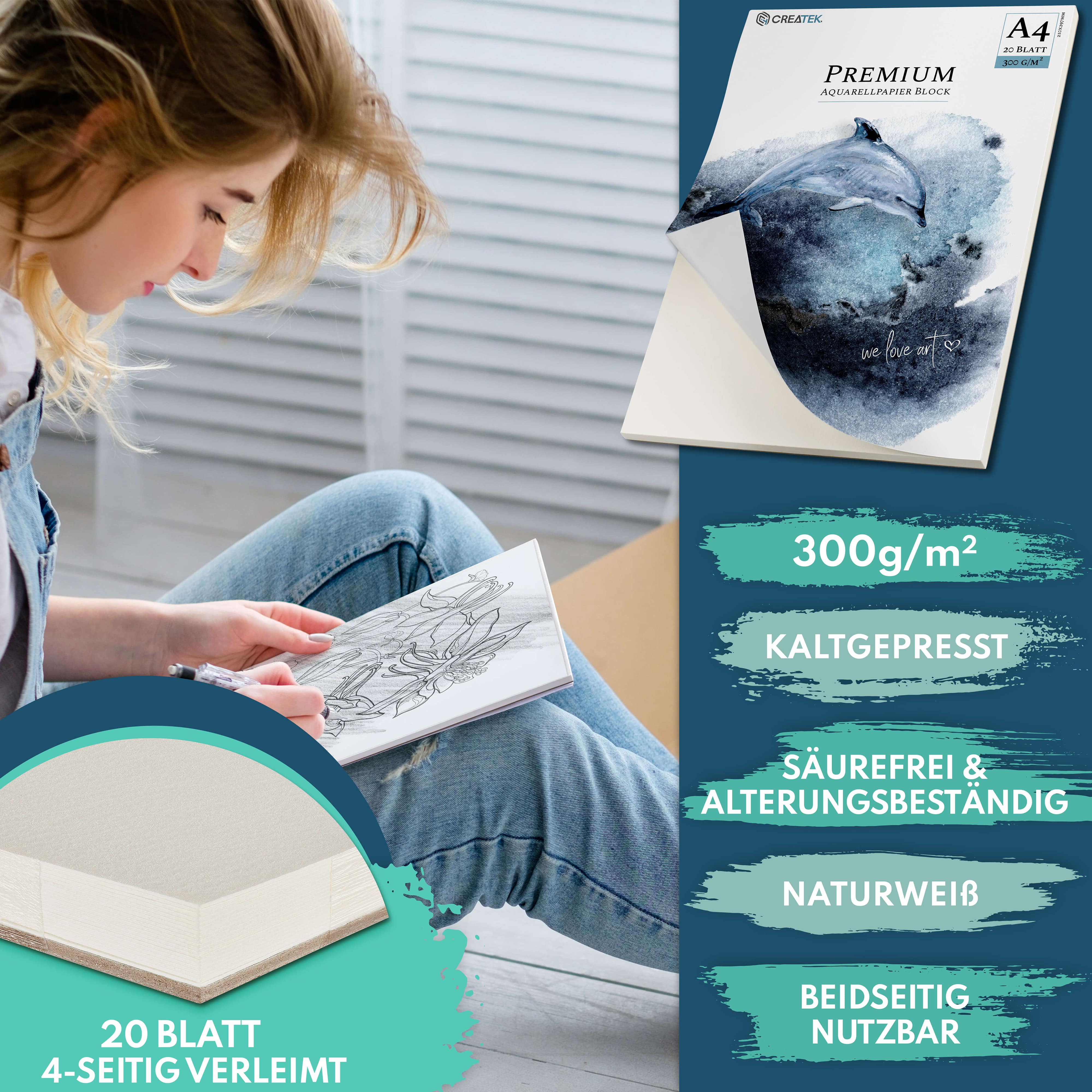 Aquarellpapier A4 | 300g | 20 Blatt | rundum verleimt | kaltgepresst & naturweiß für exzellent Farbwiedergabe