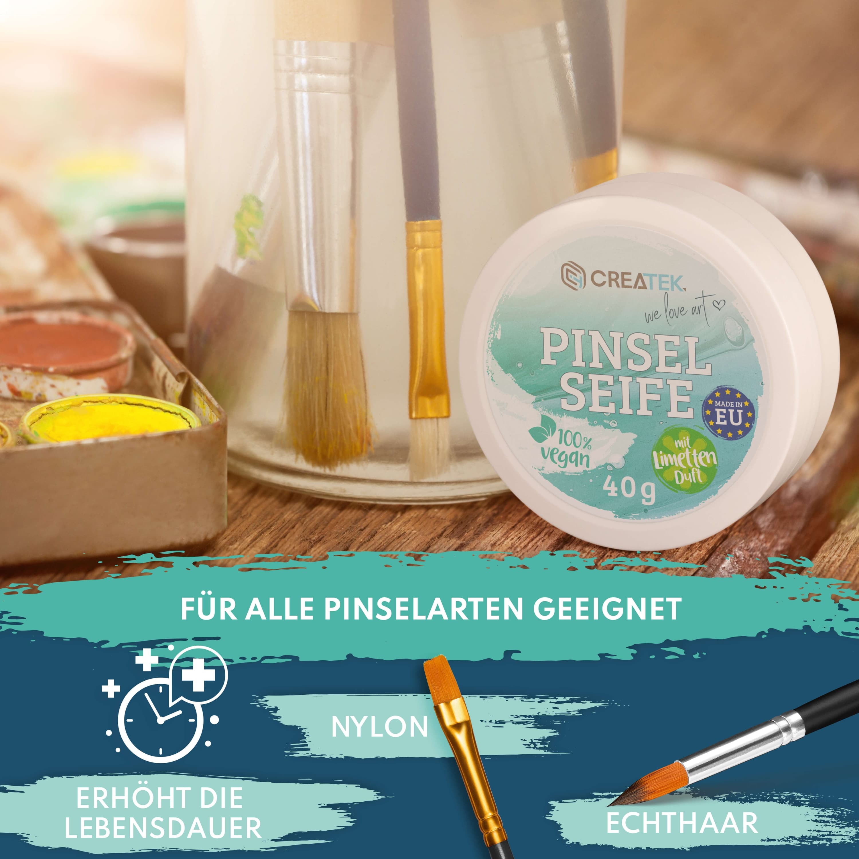 Pinselseife für Acryl- & Aquarellfarbe | Made in EU | erfrischender Limetten Duft | Vegan & nachhaltig